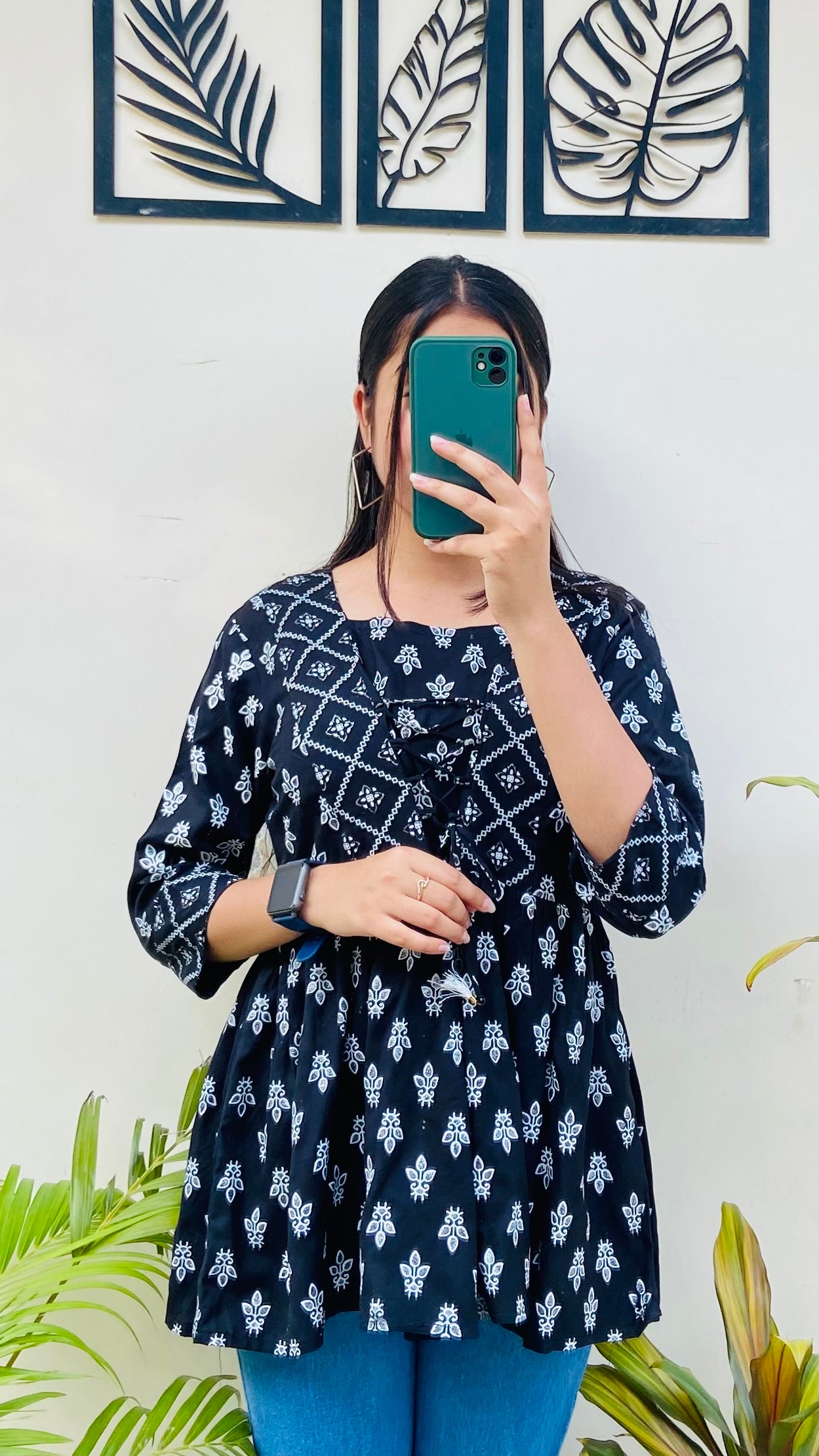 Black Printed Rayon Short Top