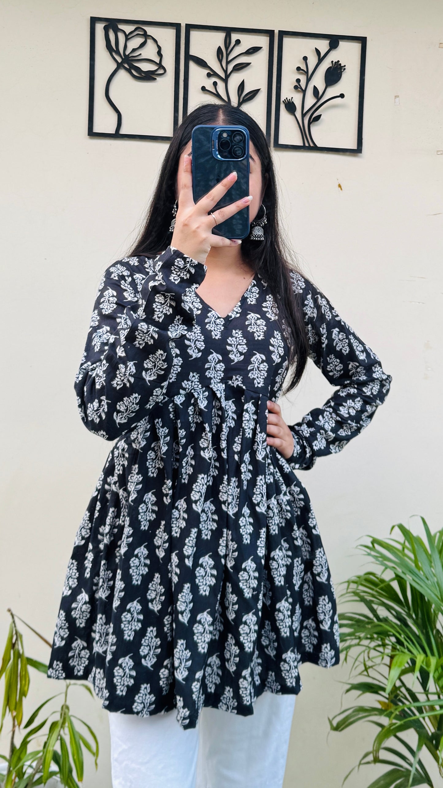 Cotton Flared Black Floral Print Aliacut Peplum Top