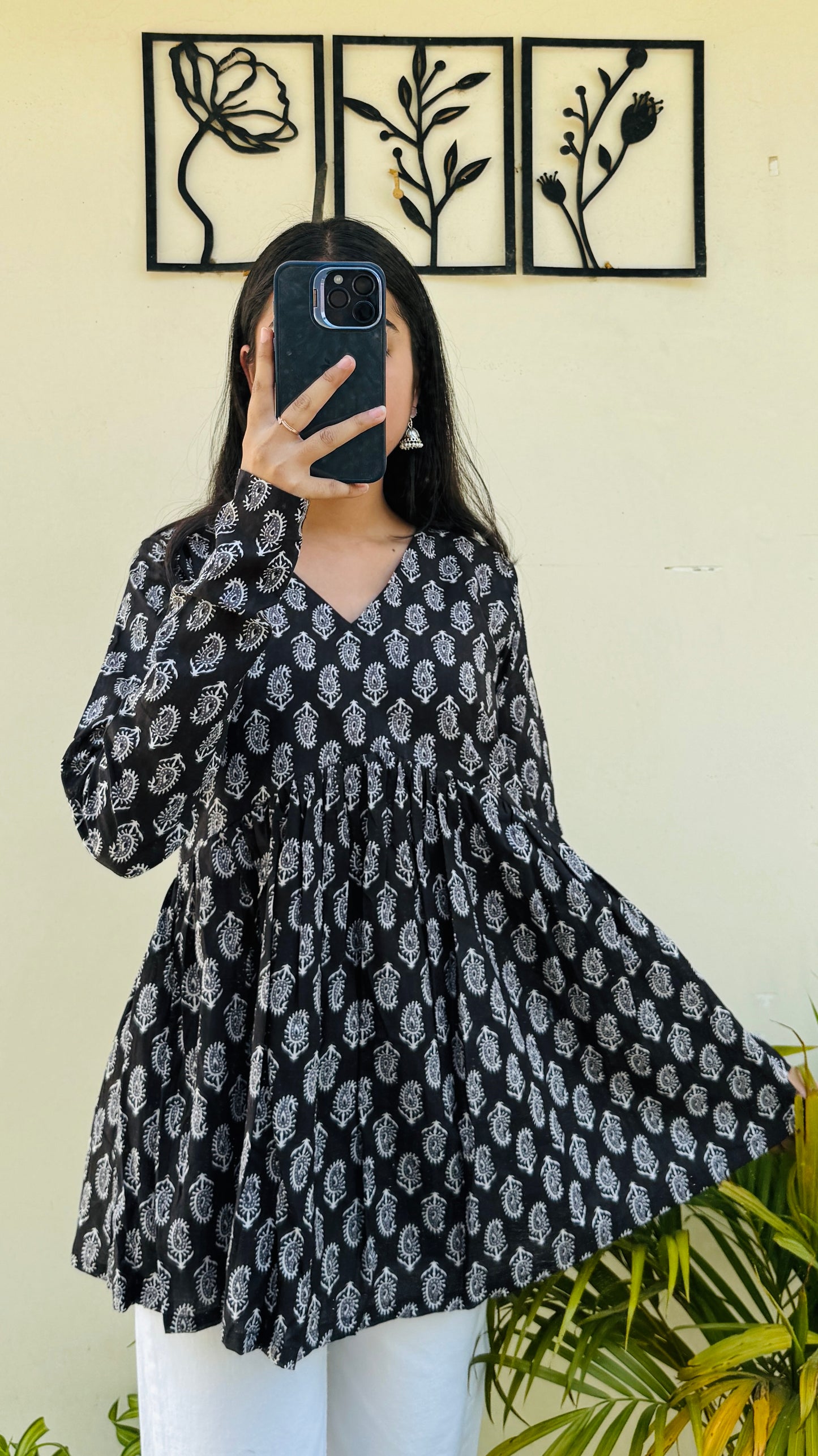 Cotton Black Flared Printed Aliacut Peplum Top