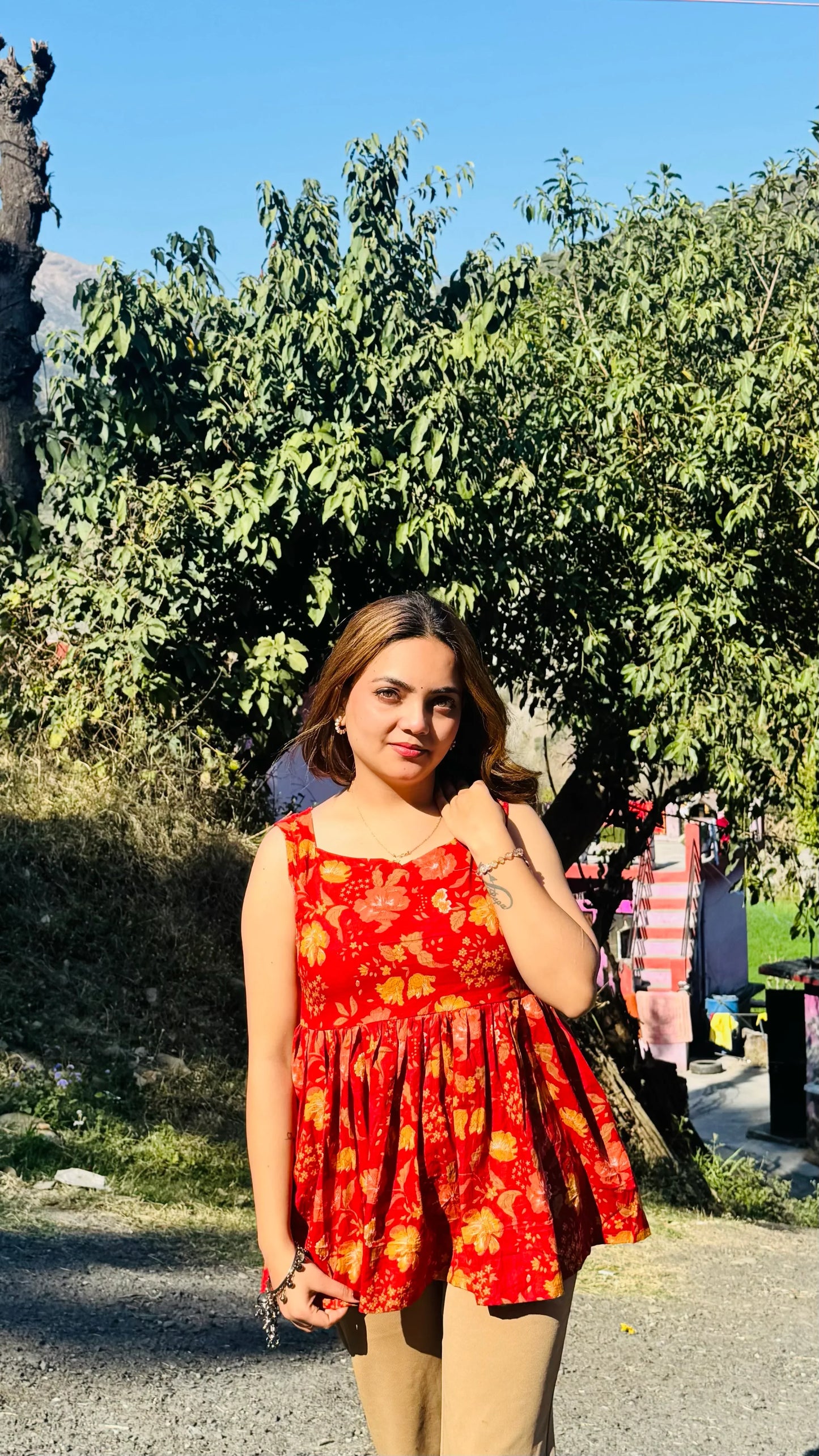 Cotton Flared Red Back Less Neck Design Short Kurti - Dolled Up