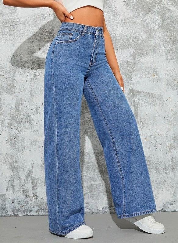High Waisted Stone Blue Wide Leg Denim Jeans - Dolled Up