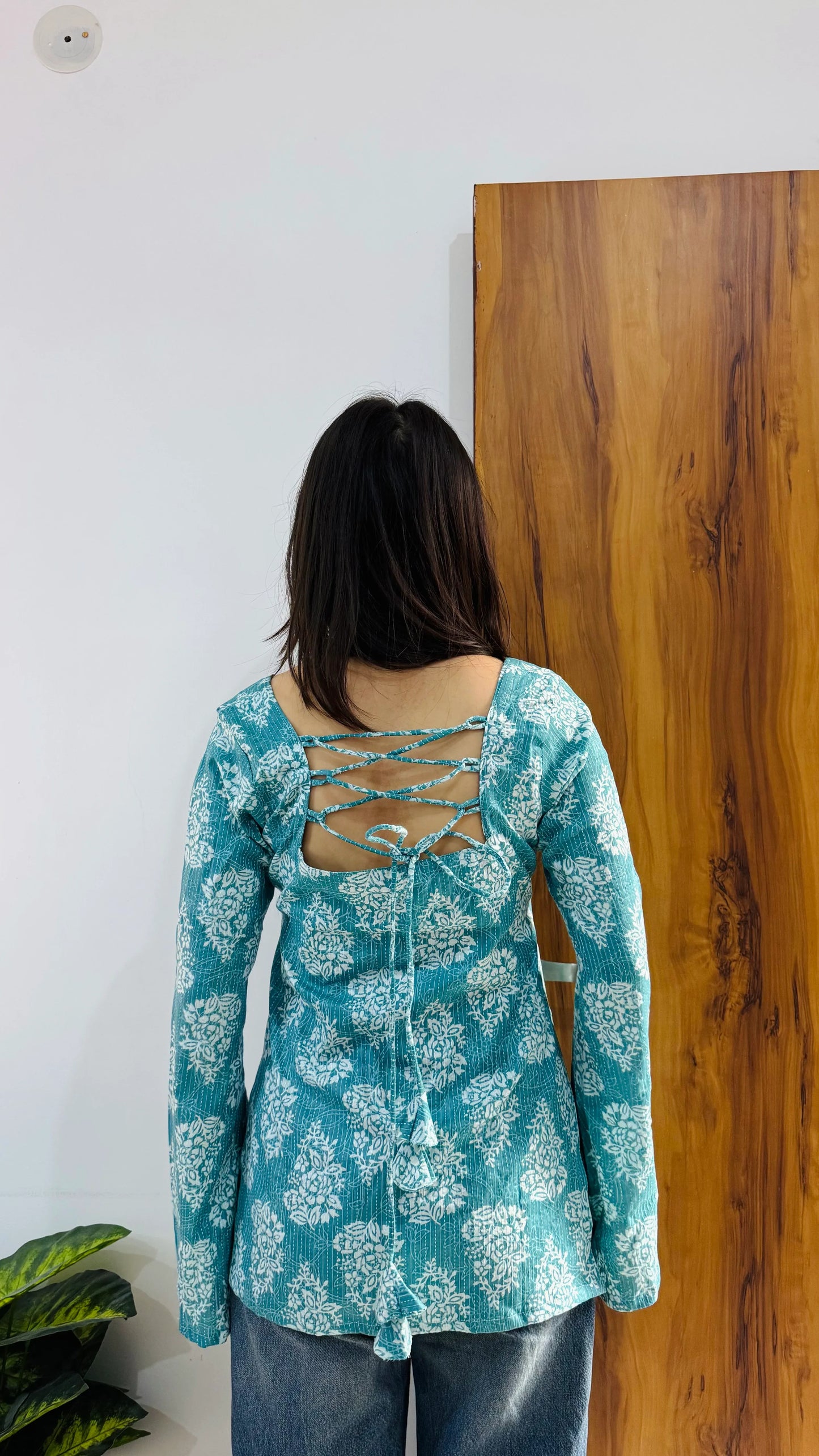 Cotton Katha Blue Bell Sleeves Back Crisscross design Short Kurti - Dolled Up