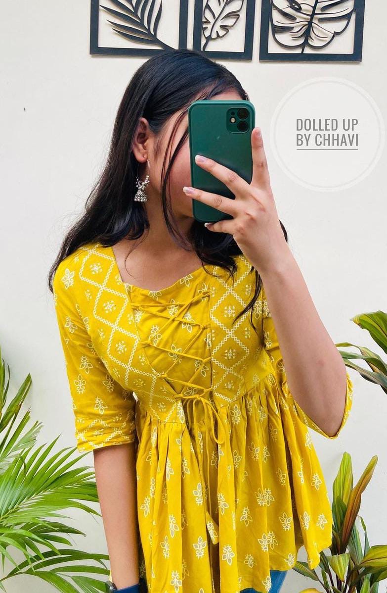 Printed Yellow Rayon Short Top
