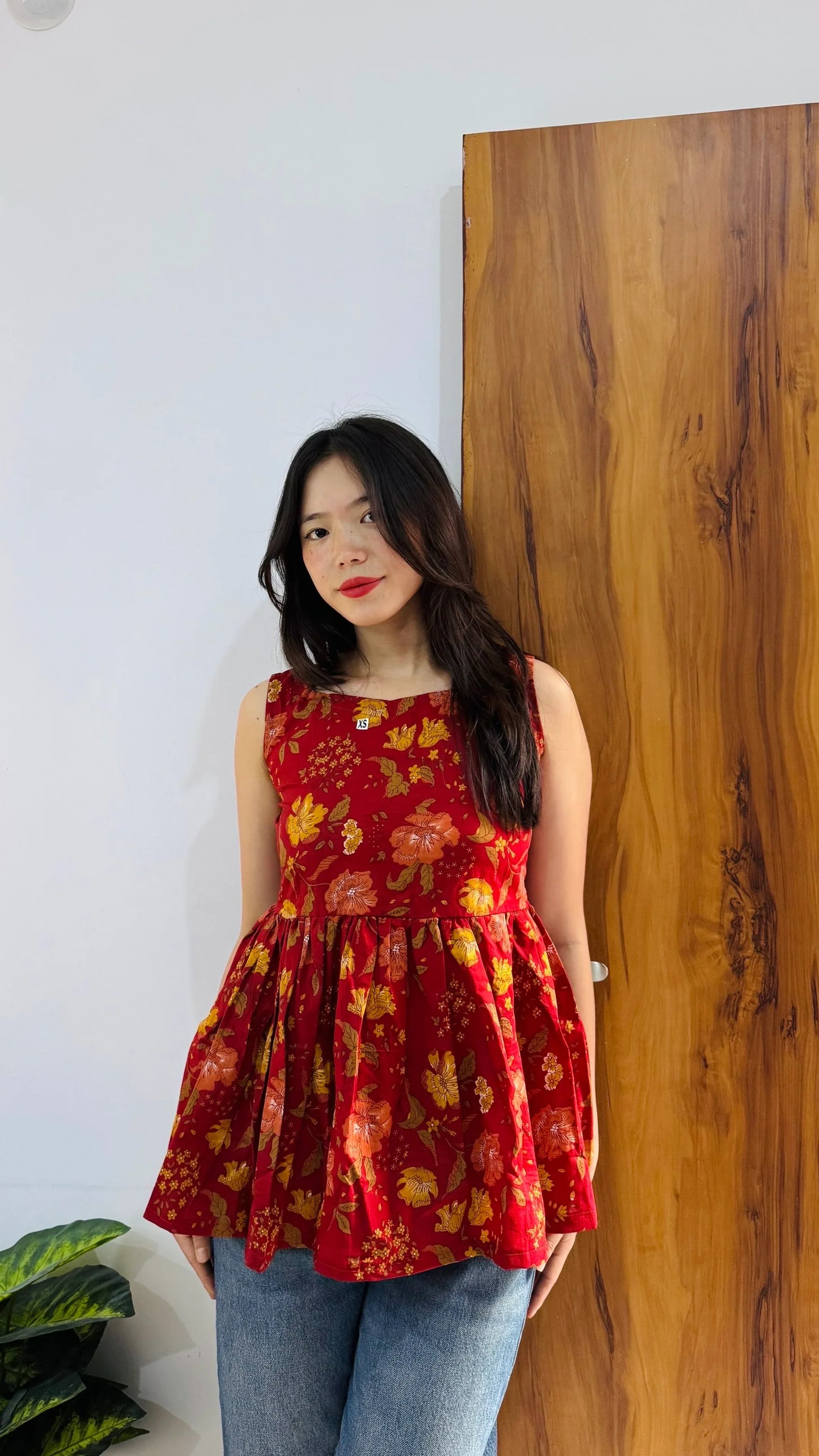 Cotton Flared Red Backless Neck Design Short Kurti - Dolled Up