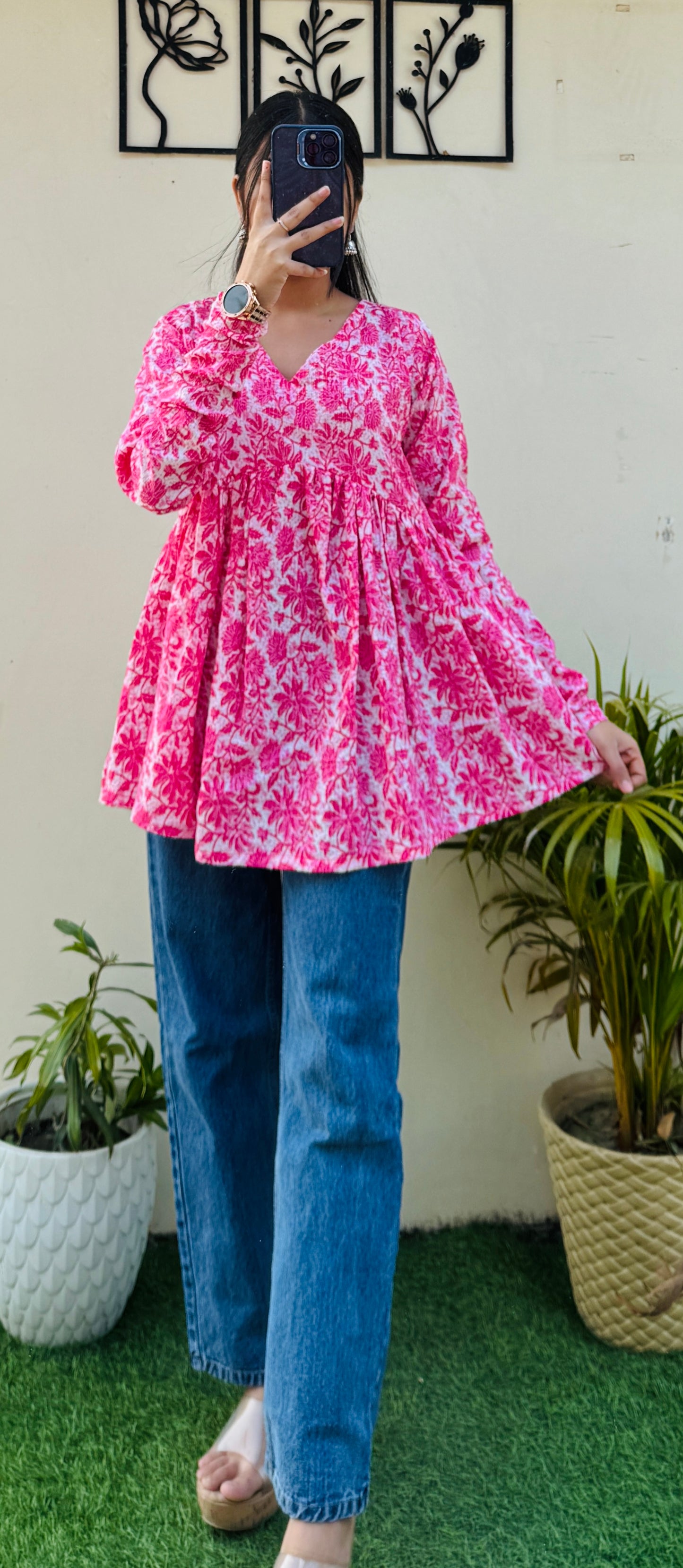 Cotton Katha Pink Printed Flared Peplum Top