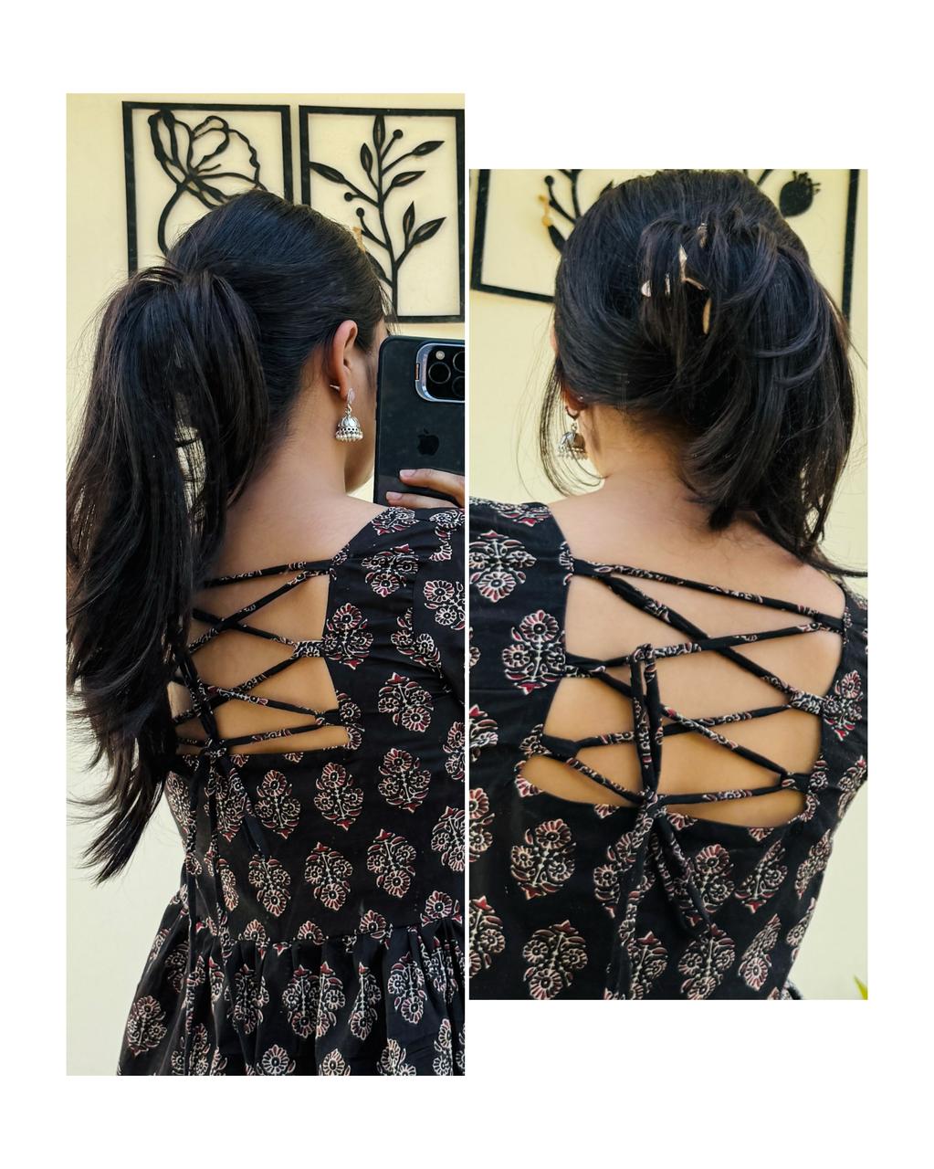 Cotton Black Bellsleeve Backless Ajrakh Print Flared Aliacut Short Kurti