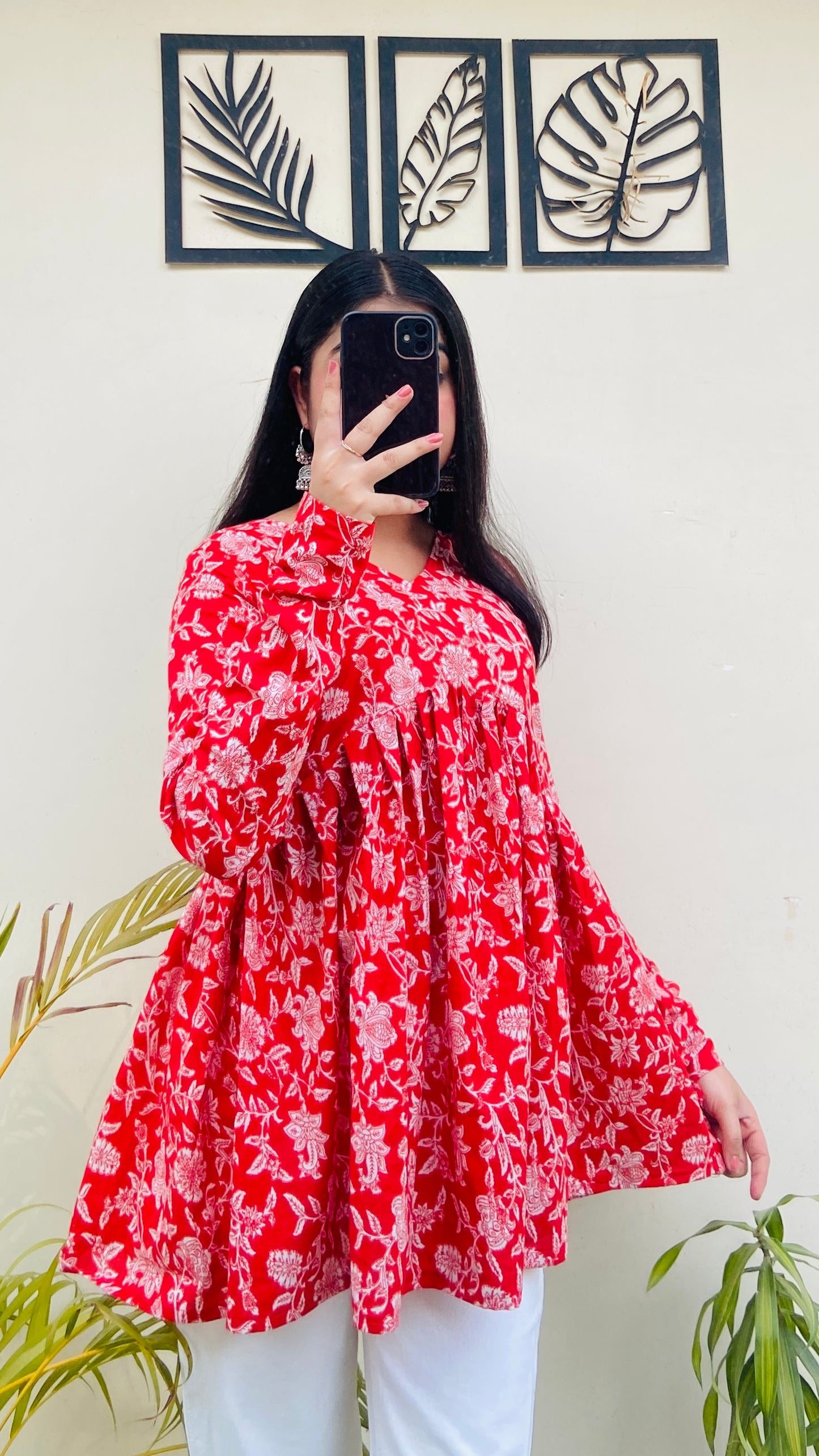 Cotton Red Flared Aliacut Floral Print Peplum Top