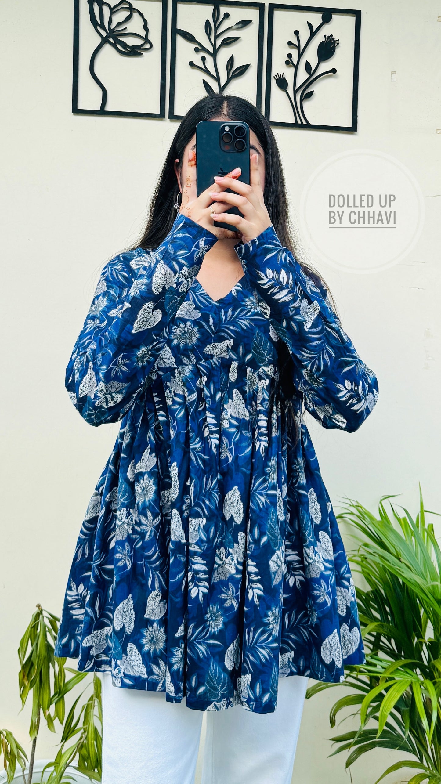 Cotton Flared Royal Blue Aliacut Floral Print Peplum Top