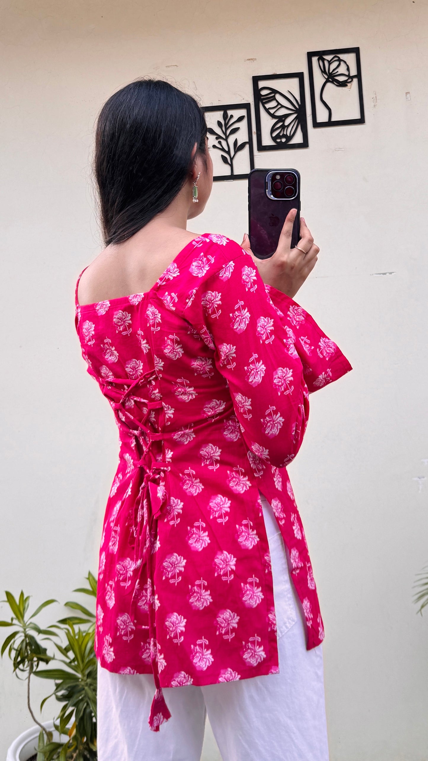 Cotton Dark Pink Square Neck Corset Back Short Kurti