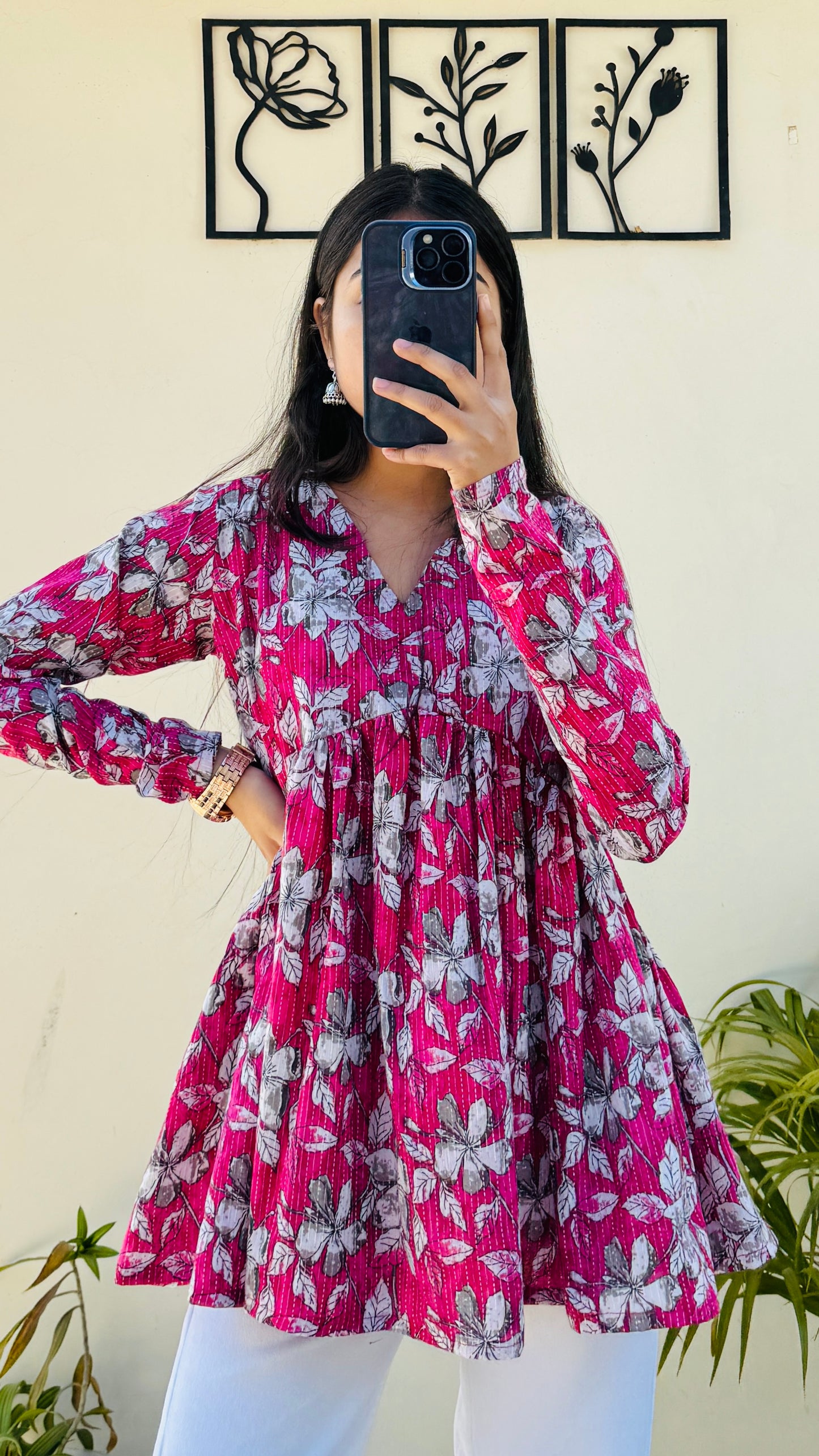 Cotton Flared Pink Katha Floral Print Aliacut Peplum Top