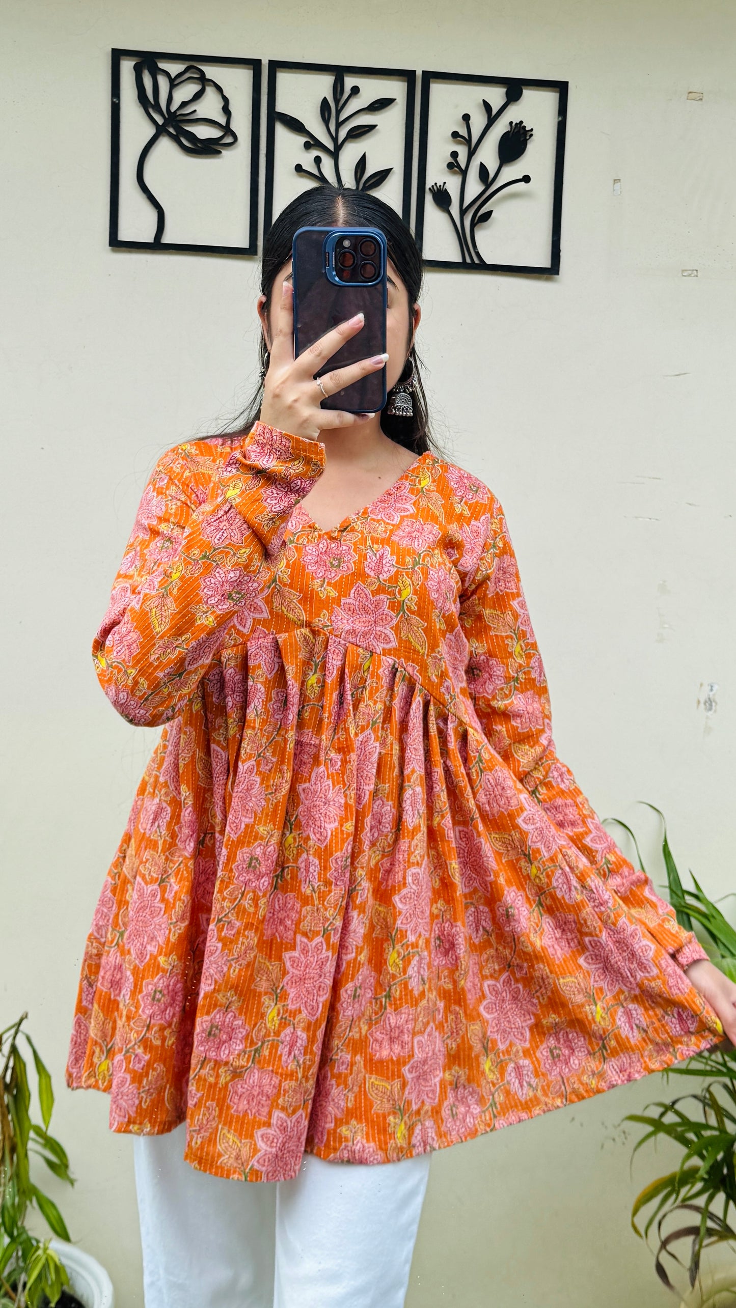 Katha Cotton Orange Flared Floral Print Aliacut Peplum Top