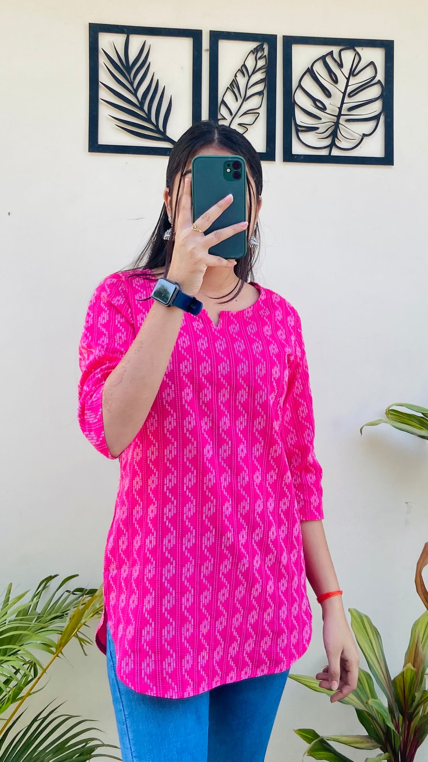 Pink Cotton Katha Short Kurti