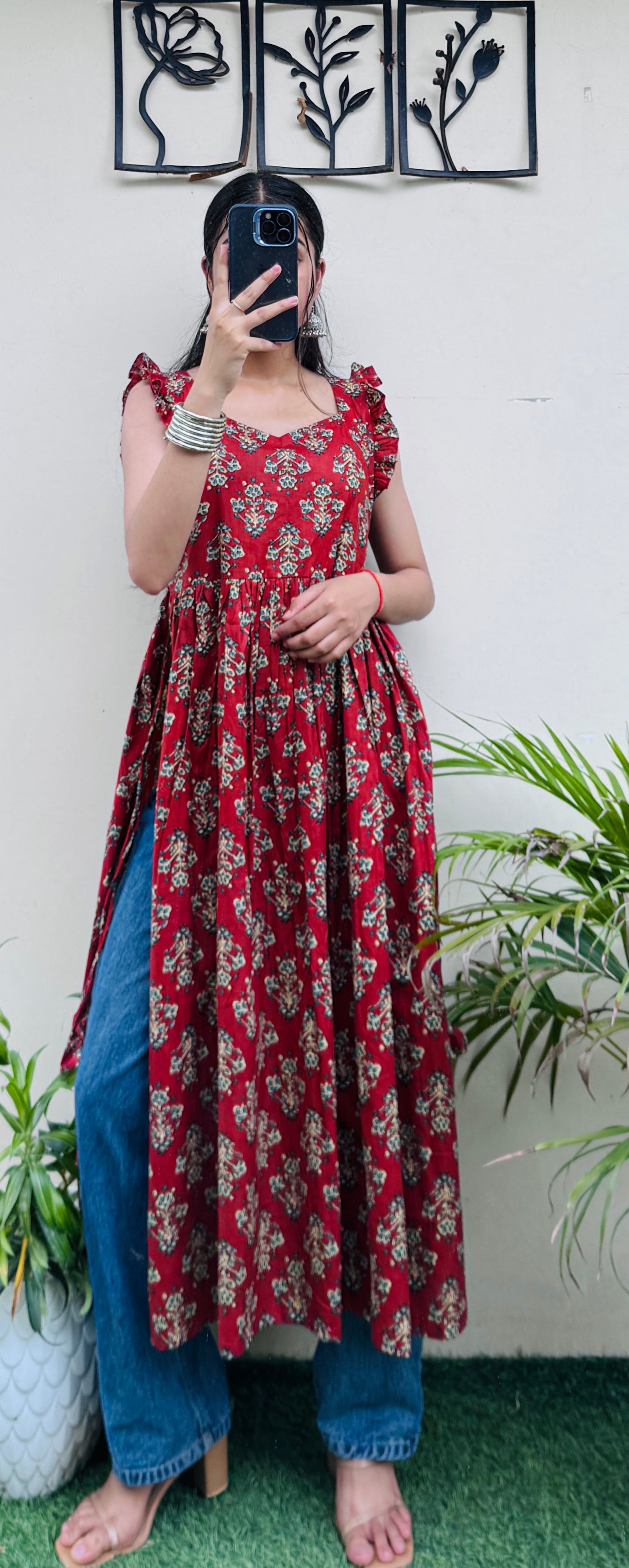Cotton Ruffle Sleeveless Nyra Cut Long Kurti