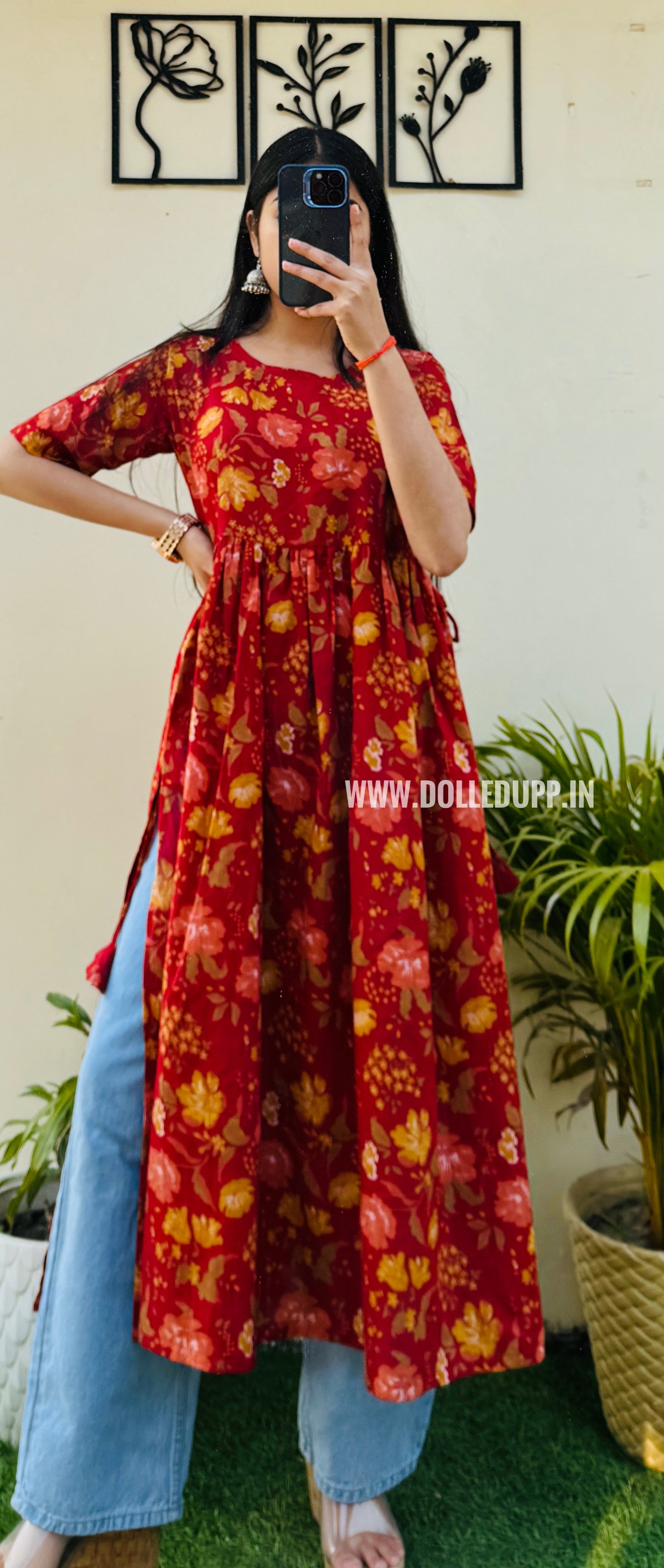 Cotton Printed Red Nyra Cut Long Kurti