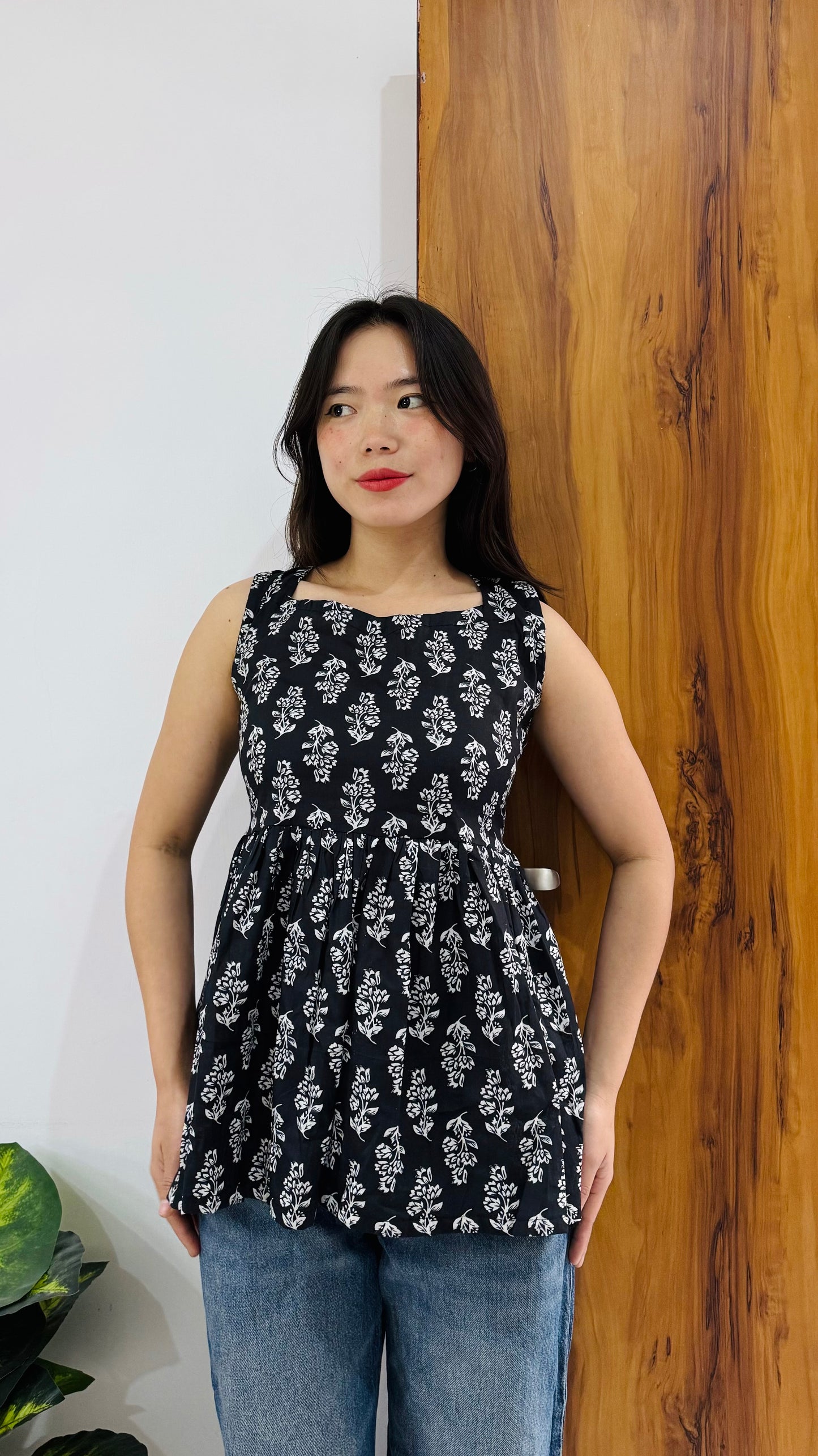 Cotton Flared Back Less Neck Design Short Kurti