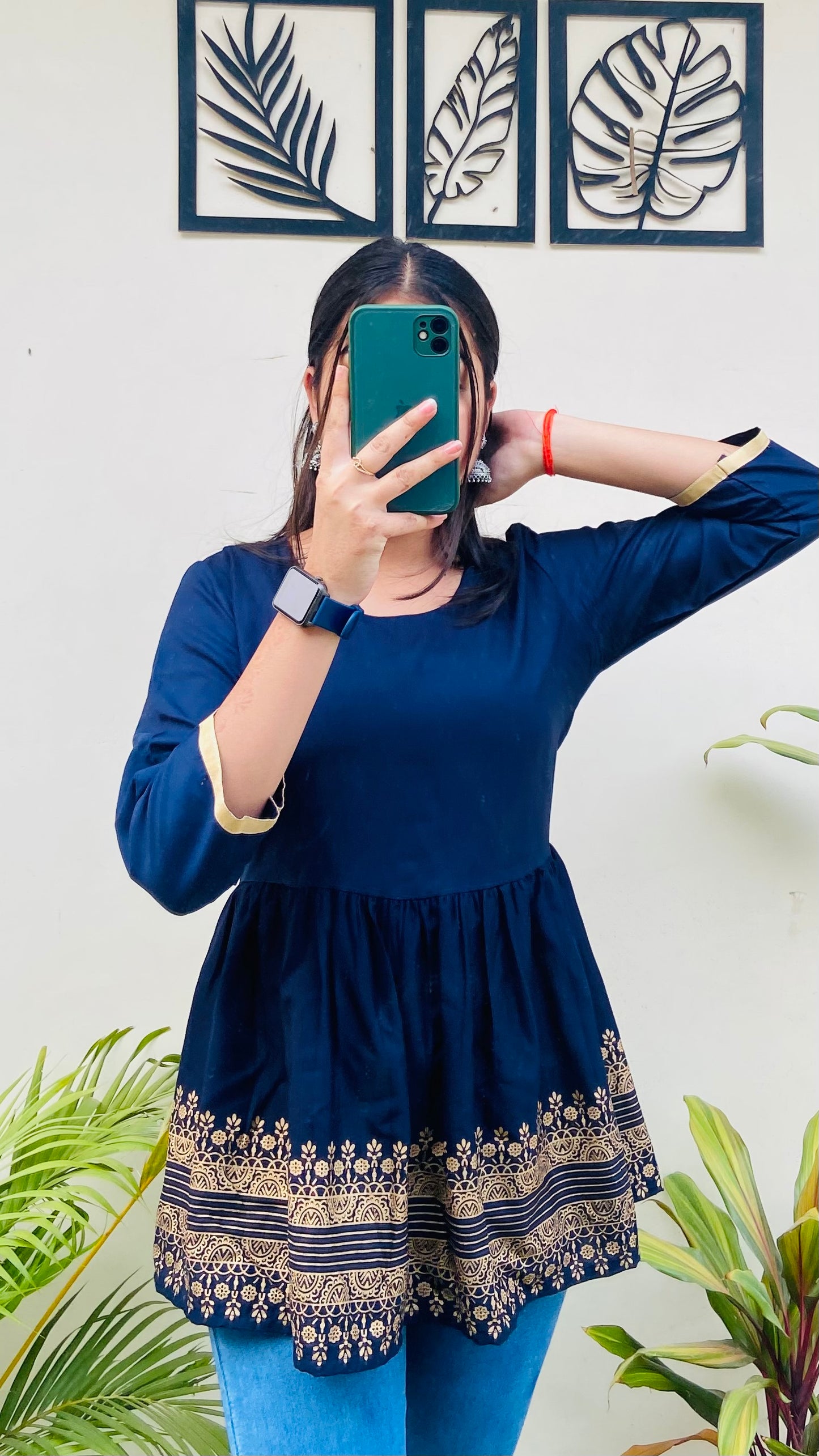 Navy Blue Printed Flared Top