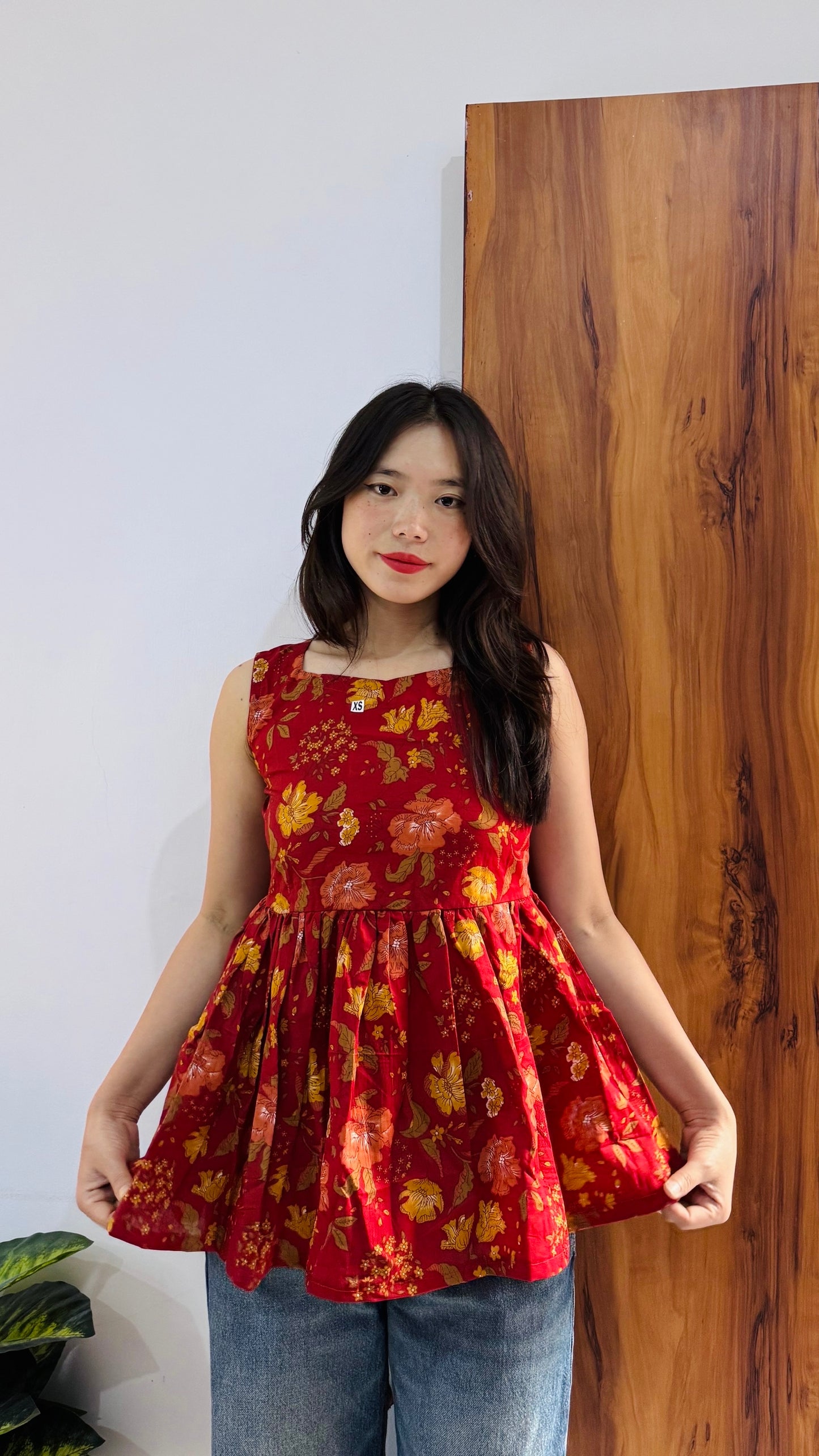 Cotton Flared Red Backless Neck Design Short Kurti