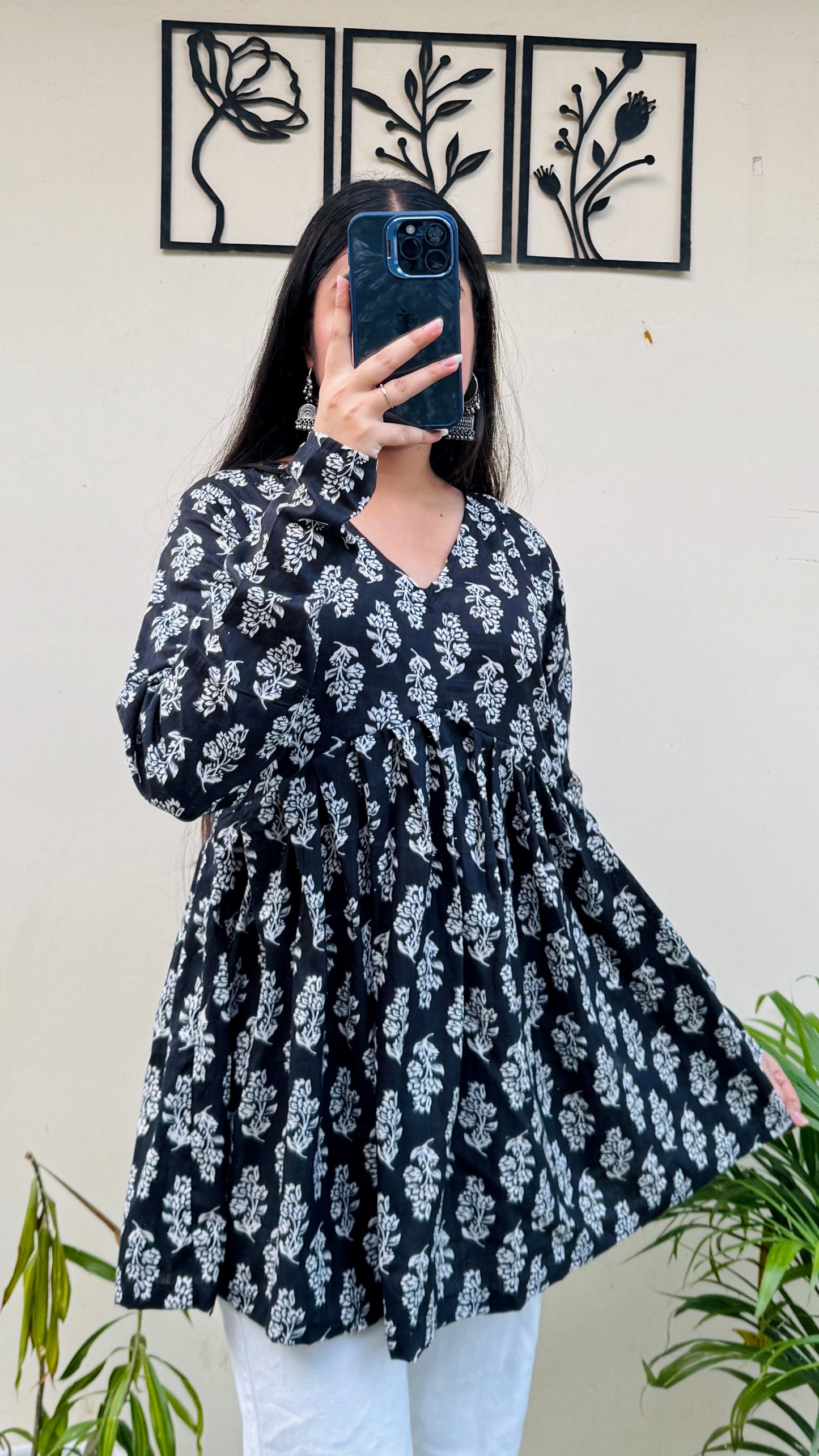 Cotton Flared Black Floral Print Aliacut Peplum Top