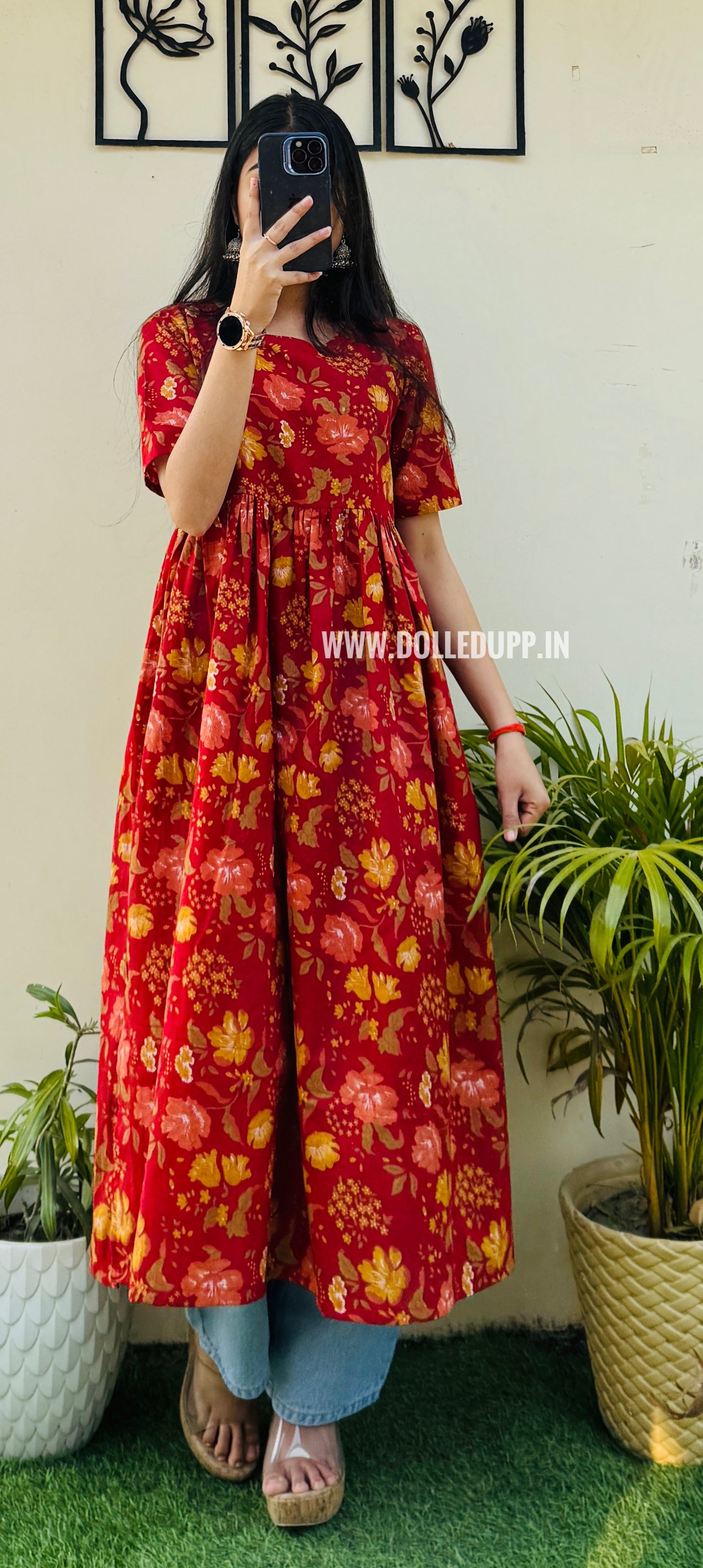 Cotton Printed Red Nyra Cut Long Kurti