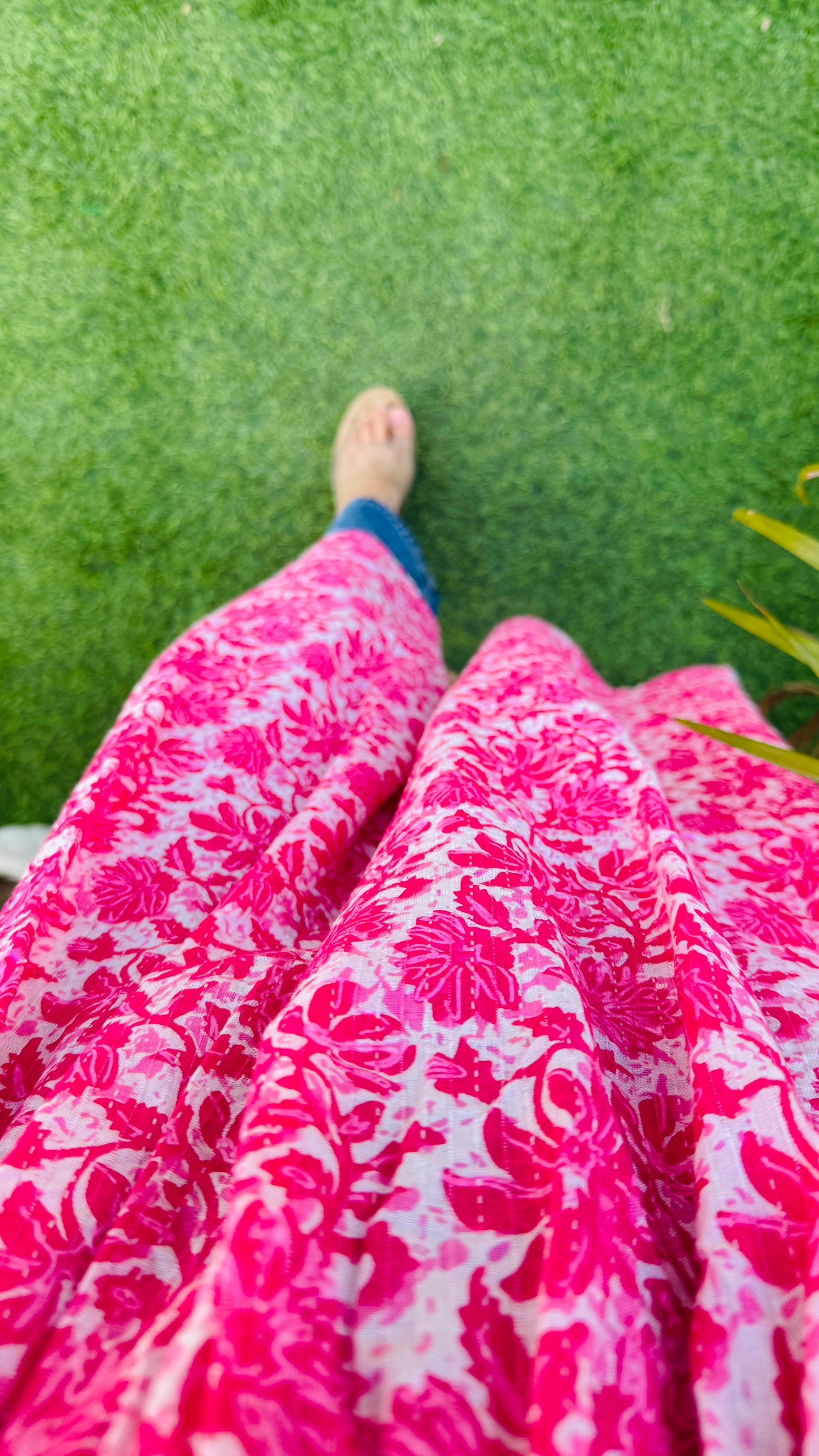 Cotton Katha Pink Puff Sleeves Nyra Cut Long Kurti