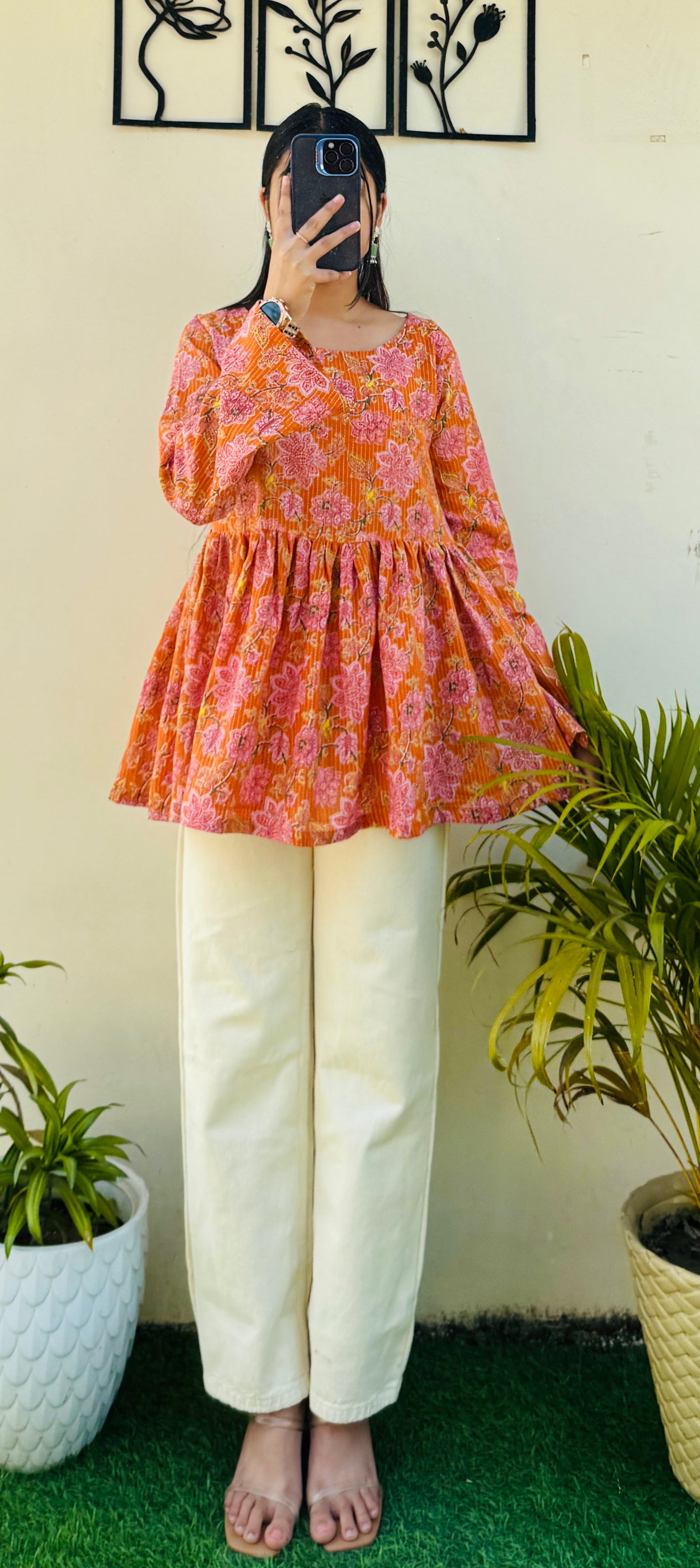 Cotton Flared Katha Bell Sleeve Peplum Top