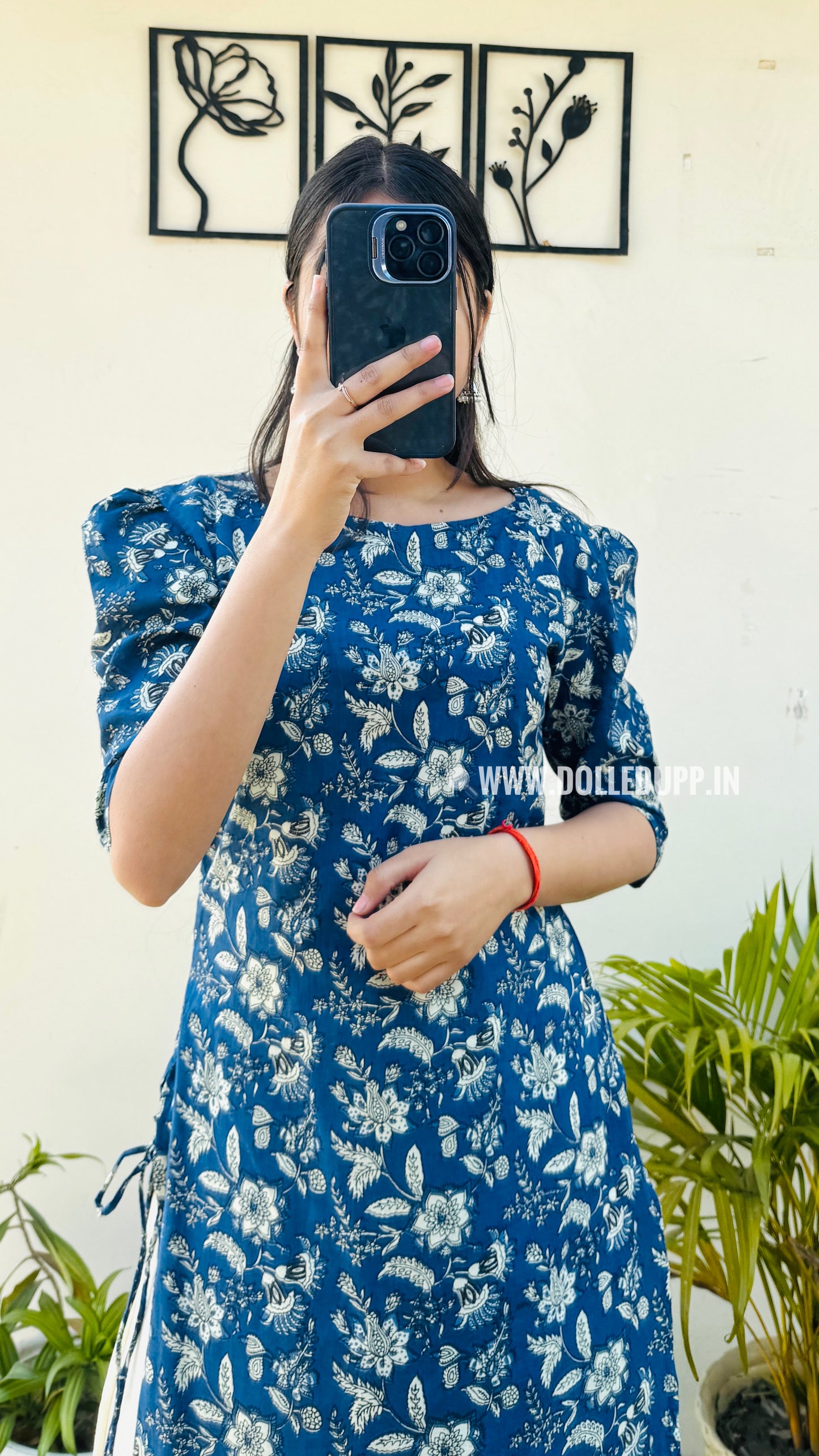 Cotton Printed Blue Puff Sleeve Straight Kurta