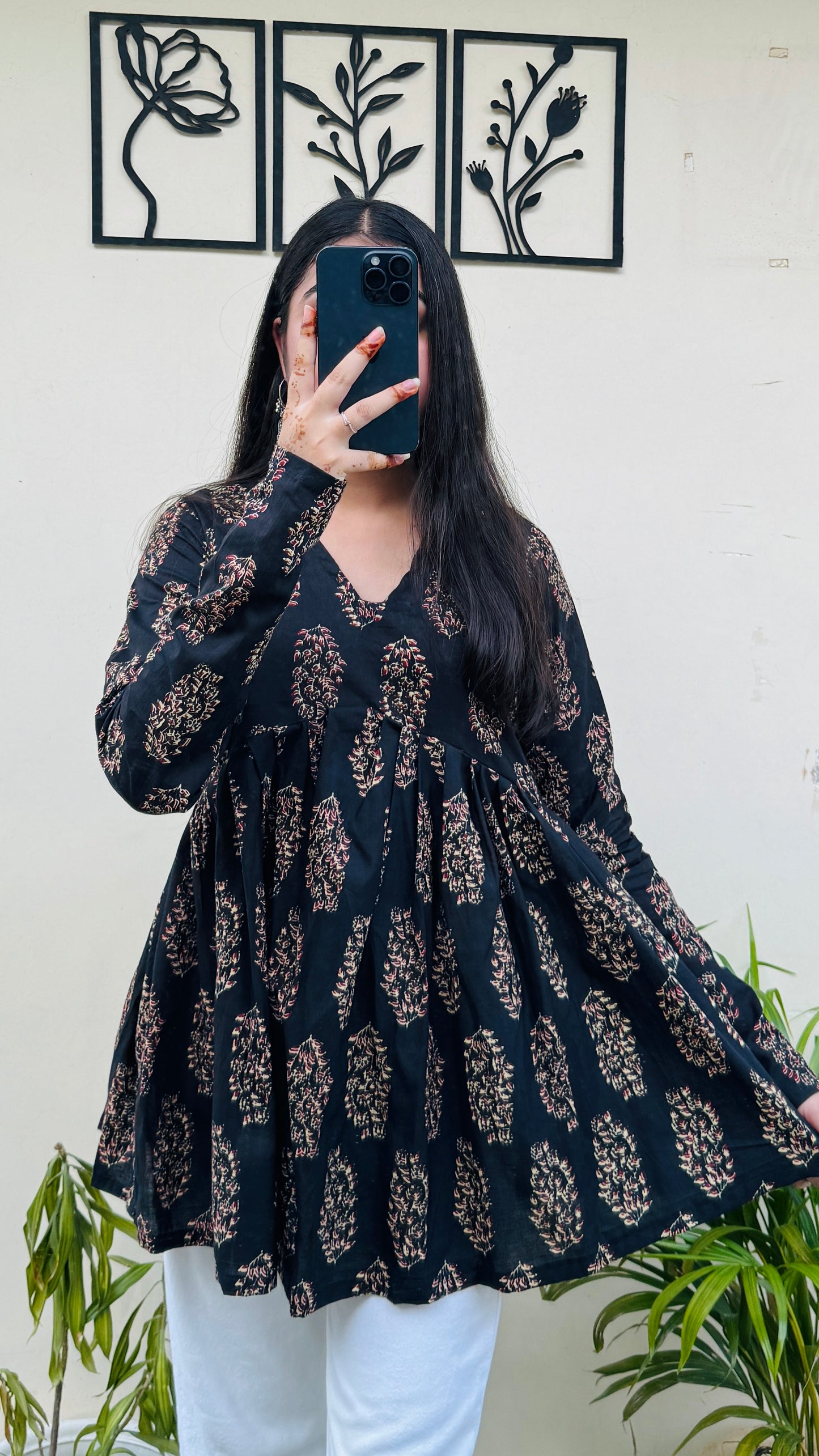 Cotton Flared Black Aliacut Ajrakh Print Peplum Top