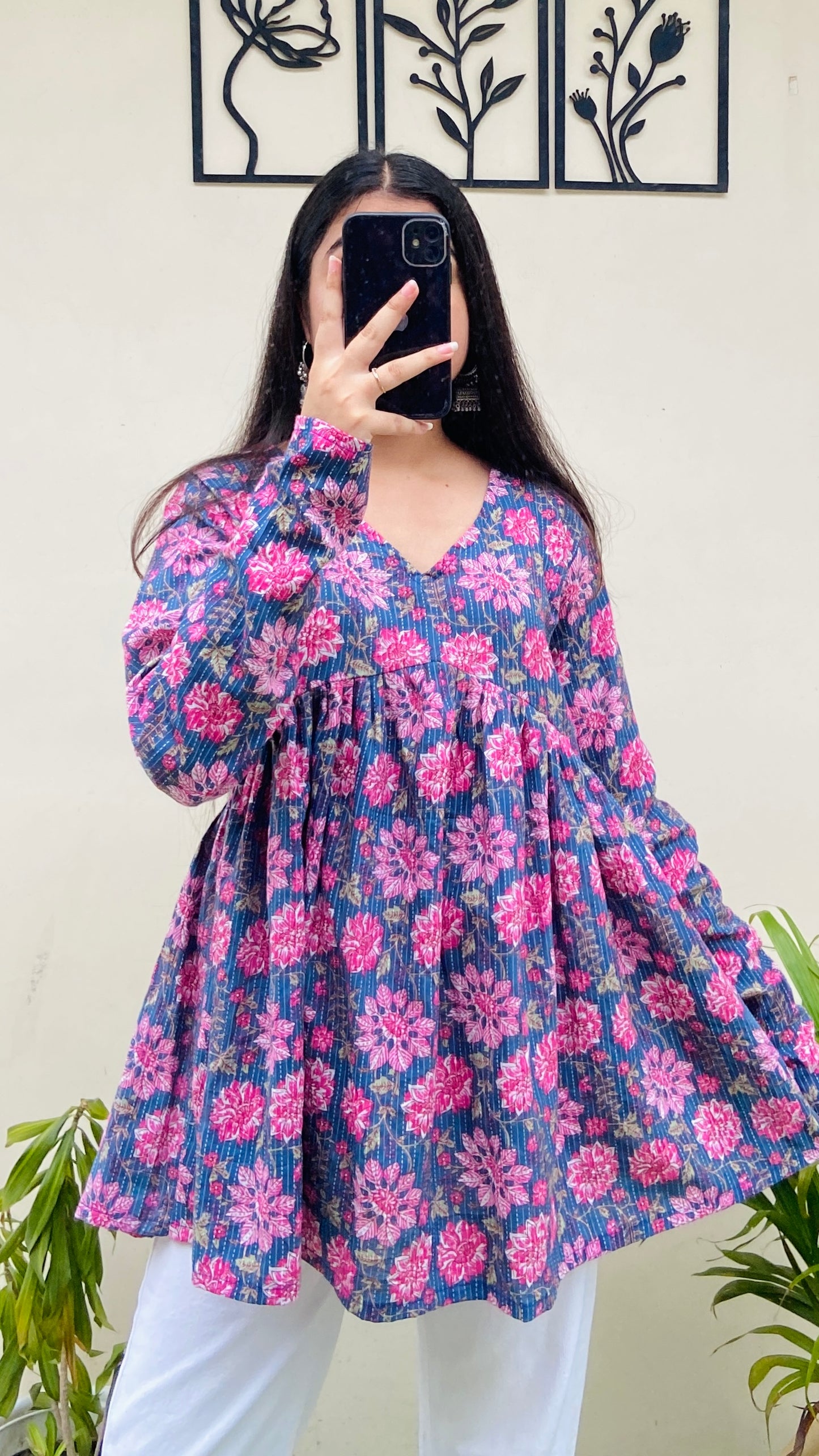 Katha Cotton Blue Katha Flared Floral Print Aliacut Peplum Top