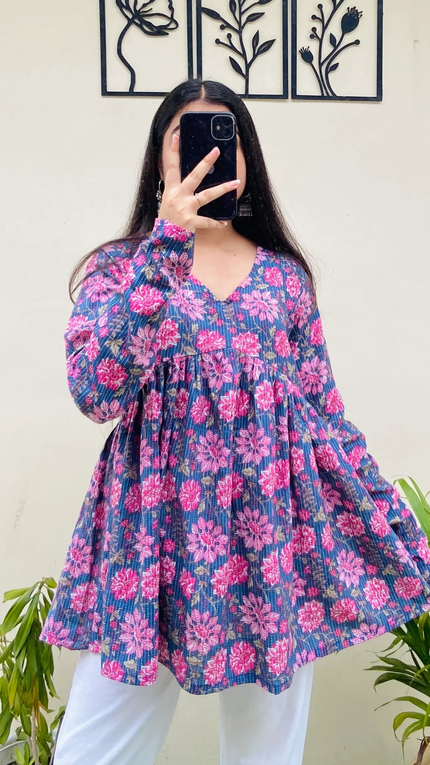 Katha Cotton Blue Katha Flared Floral Print Aliacut Peplum Top - Dolled Up