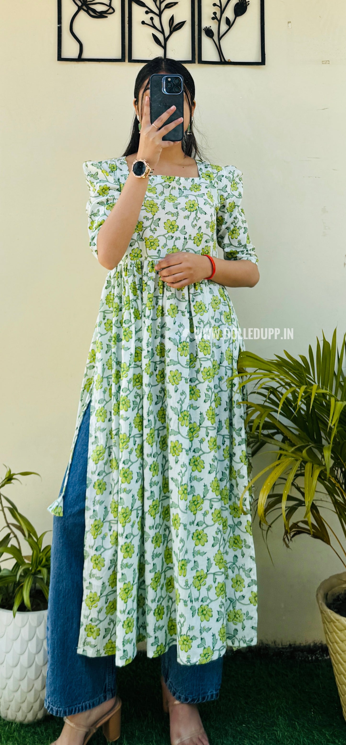 Cotton Printed White & Green Puff Sleeves Nyra Cut Long Kurti