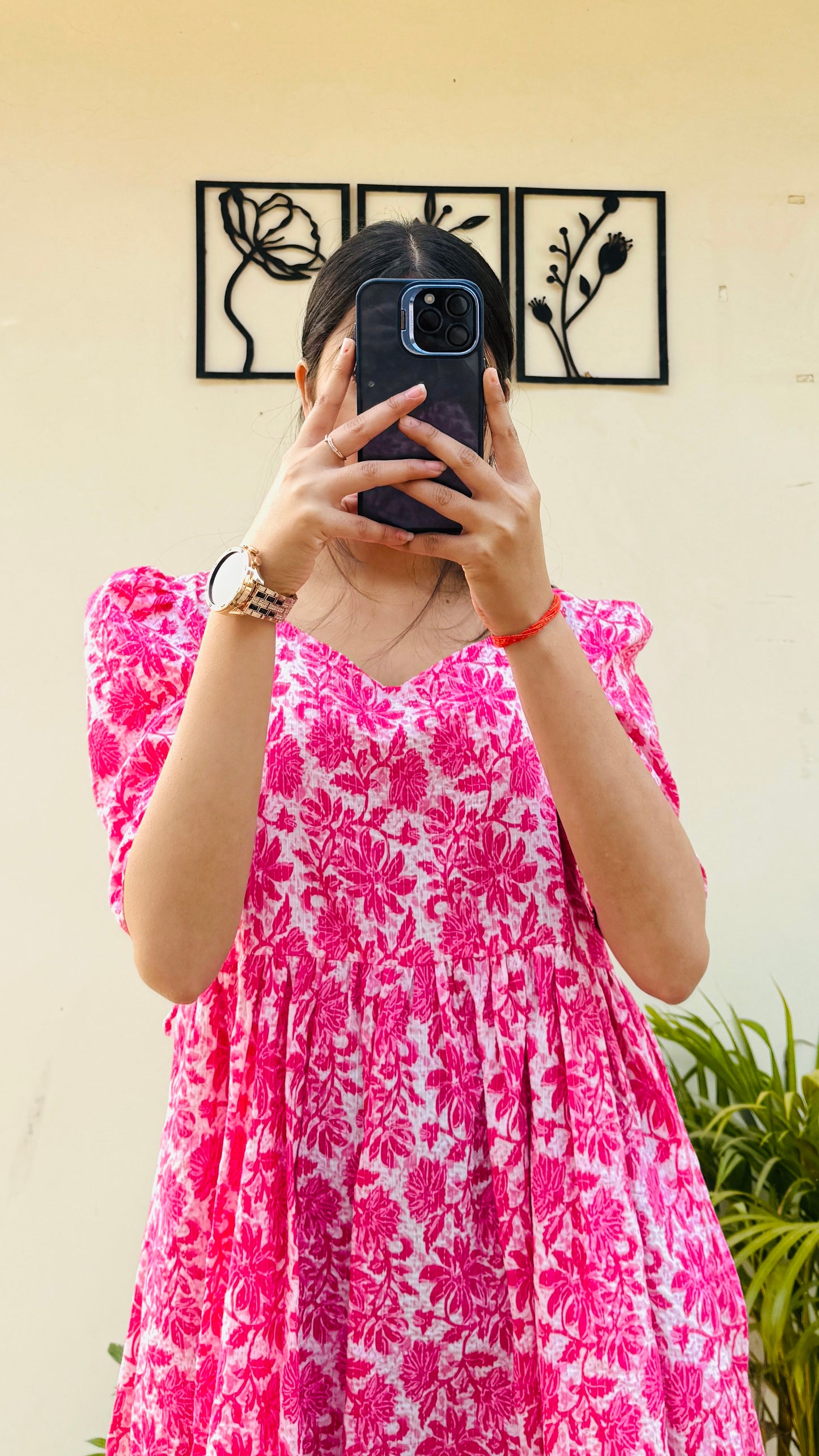 Cotton Katha Pink Puff Sleeves Nyra Cut Long Kurti