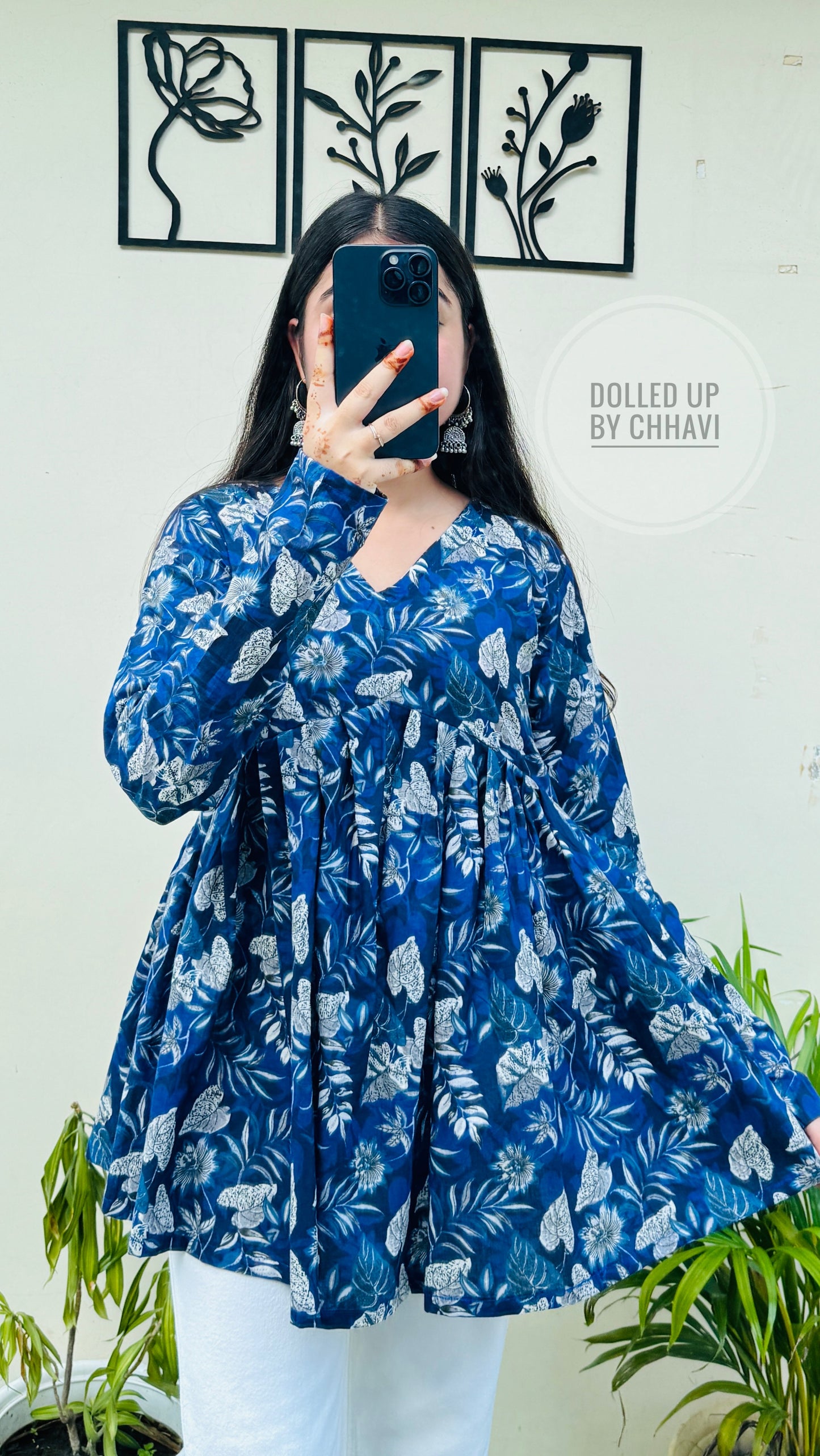 Cotton Flared Royal Blue Aliacut Floral Print Peplum Top