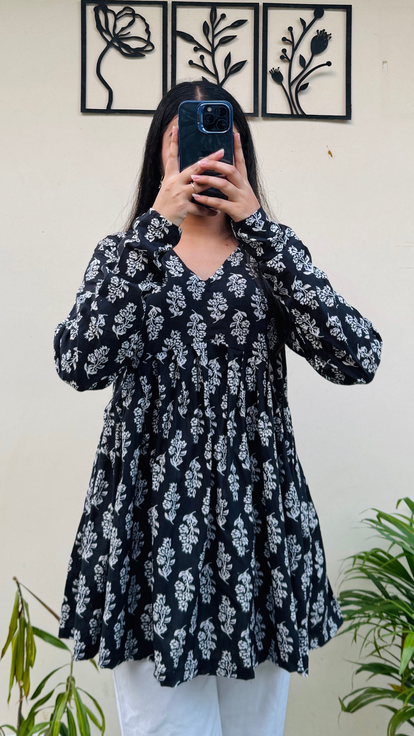 Cotton Flared Black Floral Print Aliacut Peplum Top