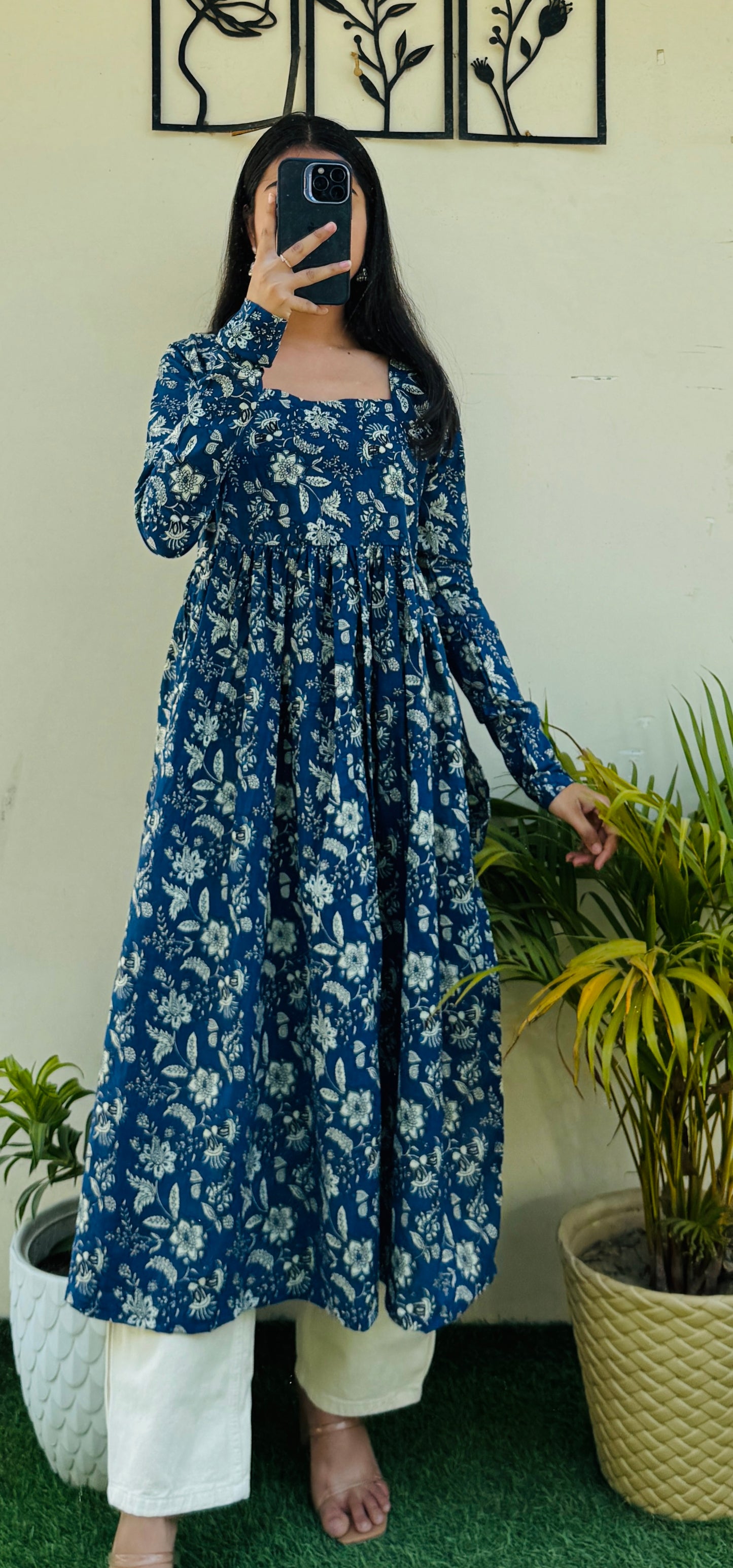 Cotton Full Sleeve Blue Nyra Cut Long Kurti