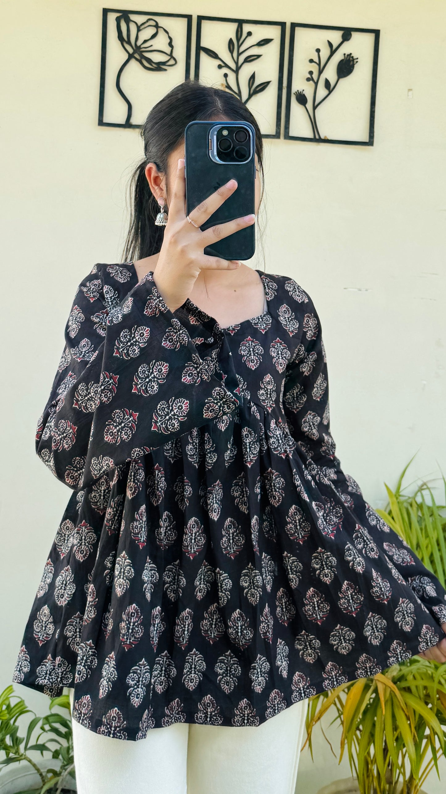 Cotton Black Bellsleeve Backless Ajrakh Print Flared Aliacut Short Kurti