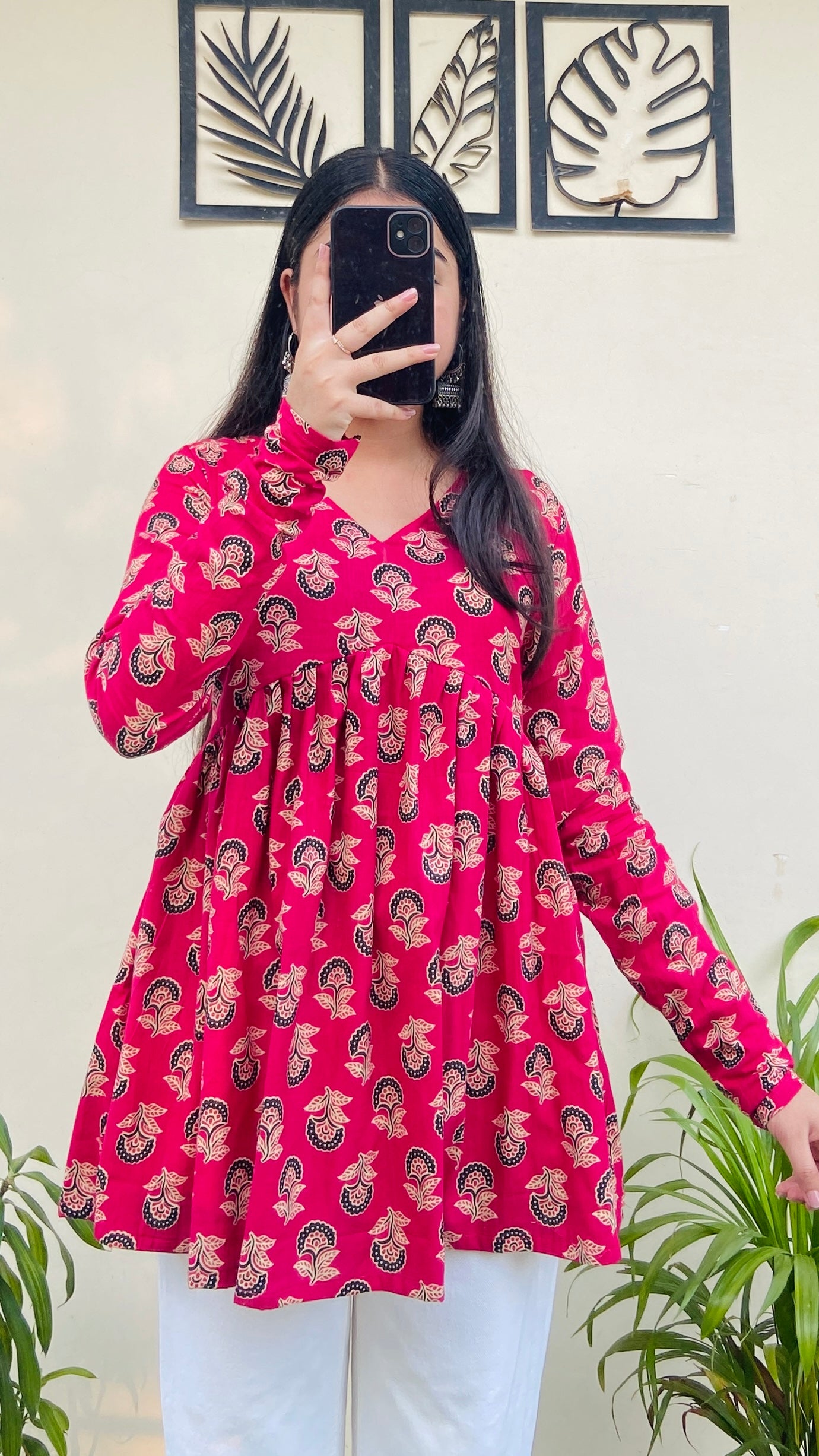 Cotton Flared Hot Pink Aliacut Printed Peplum Top
