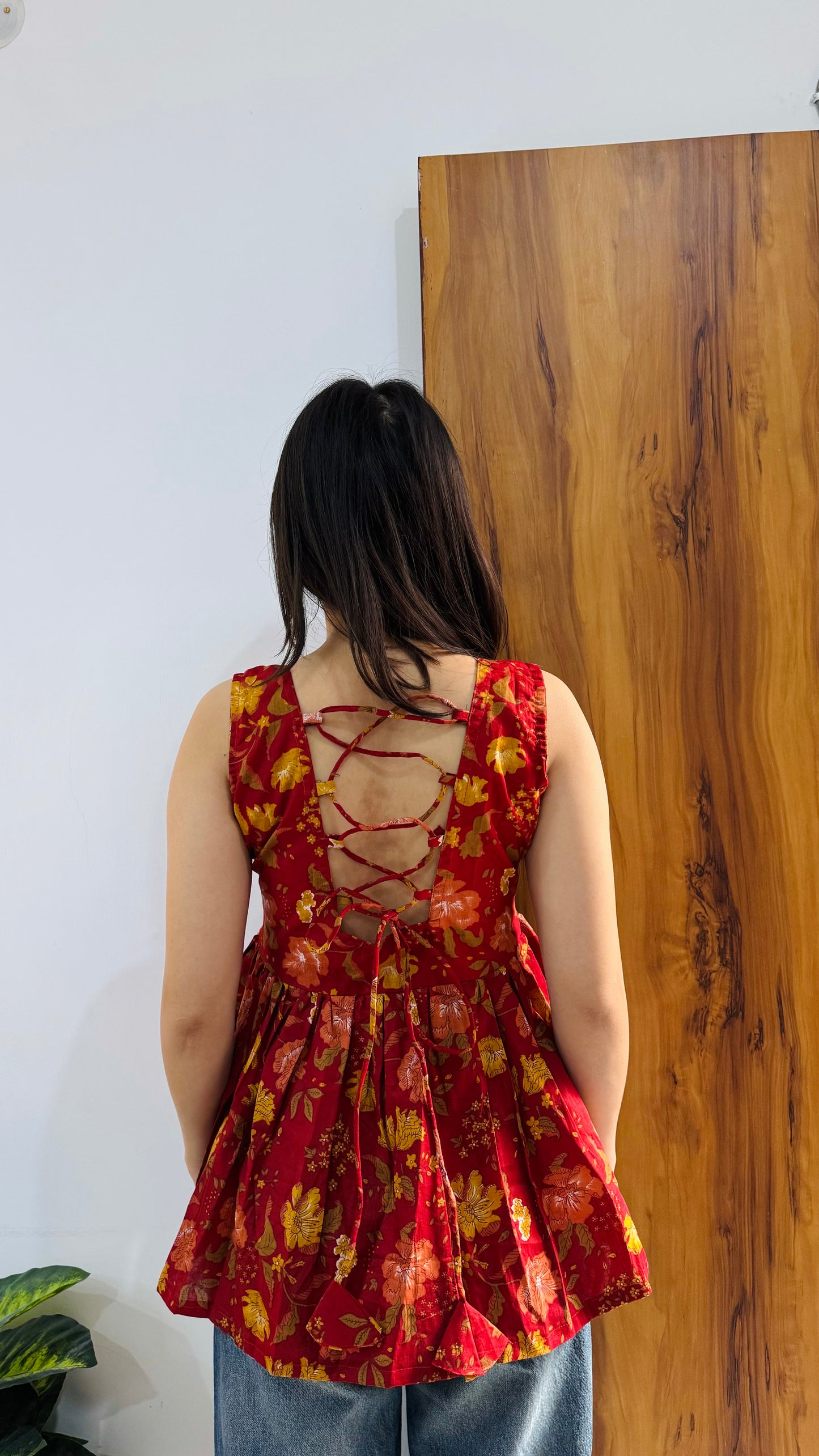 Cotton Flared Red Backless Neck Design Short Kurti
