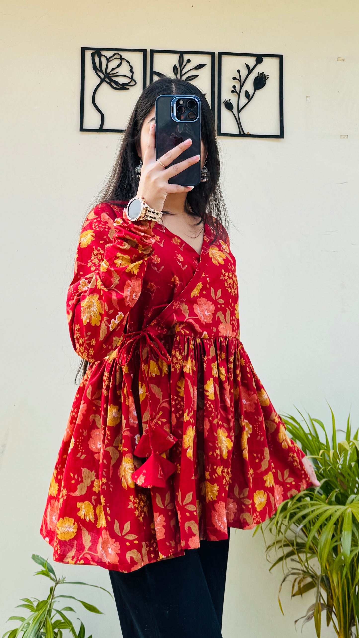 Cotton Red Angrakha Pattern Flared Floral Print Aliacut Peplum Top