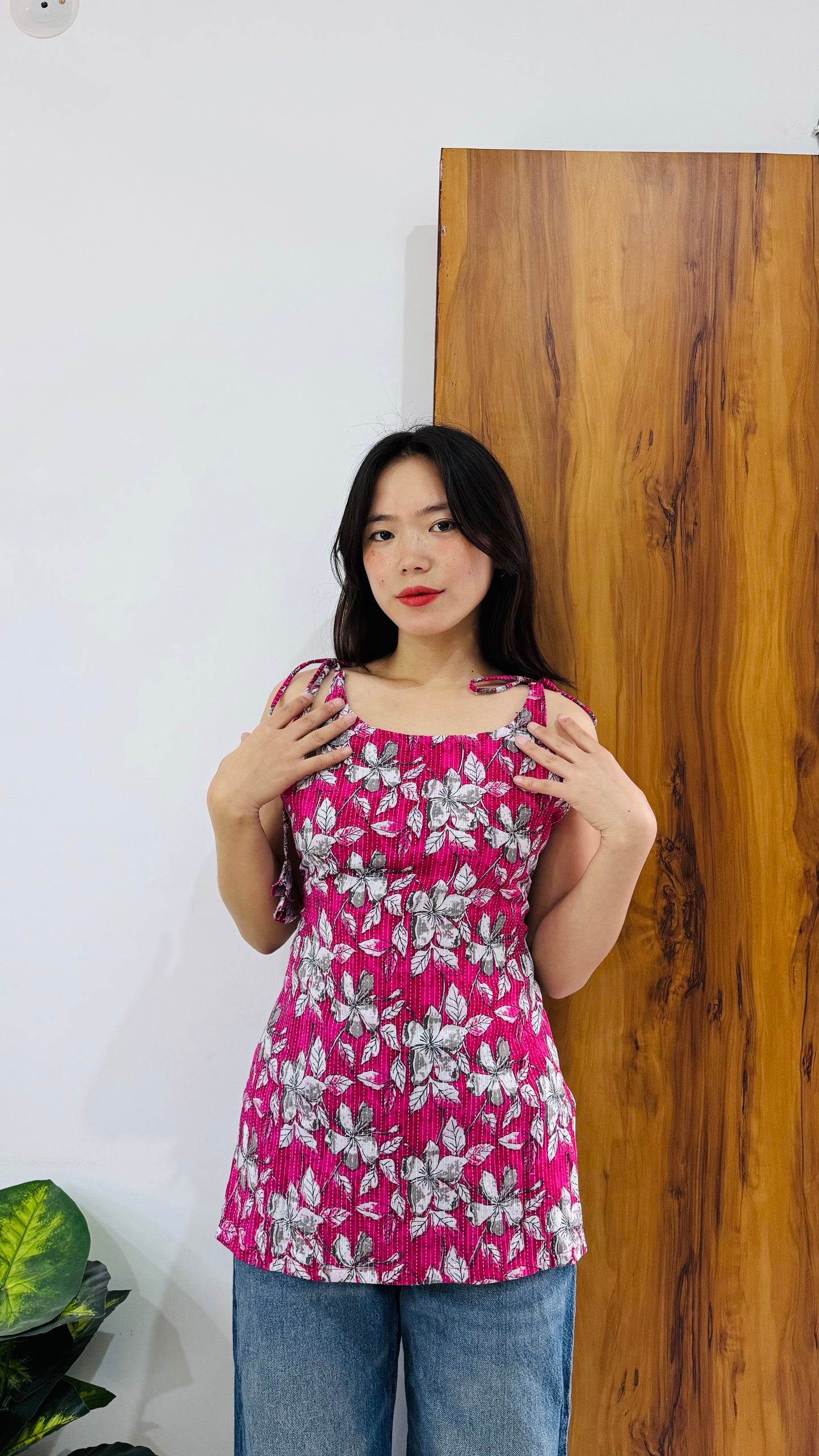 Cotton Katha Pink Floral Print Tie Knot Short Kurti