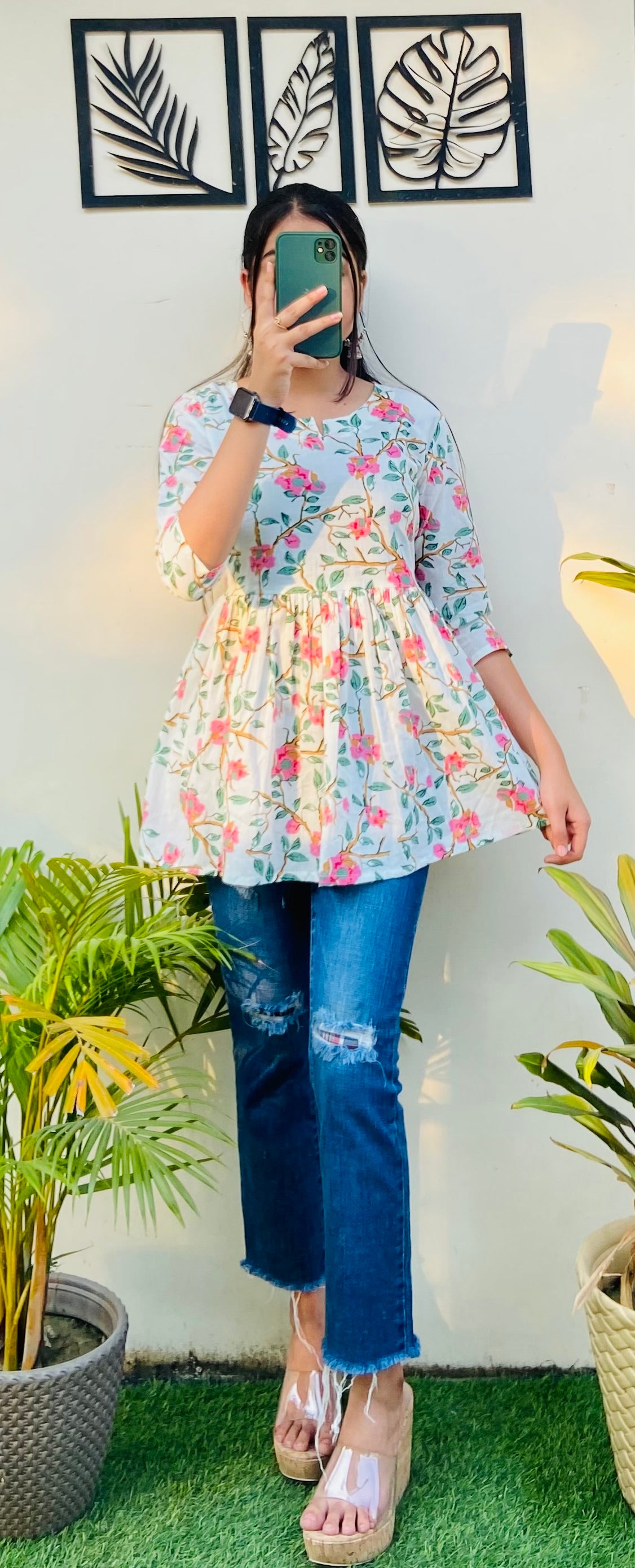 Pretty White Floral Print Cotton Short Top