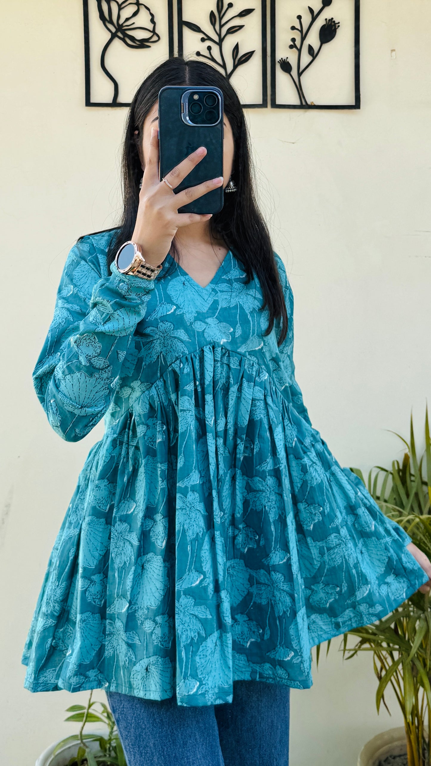 Cotton Flared Blue Aliacut Floral Print Peplum Top
