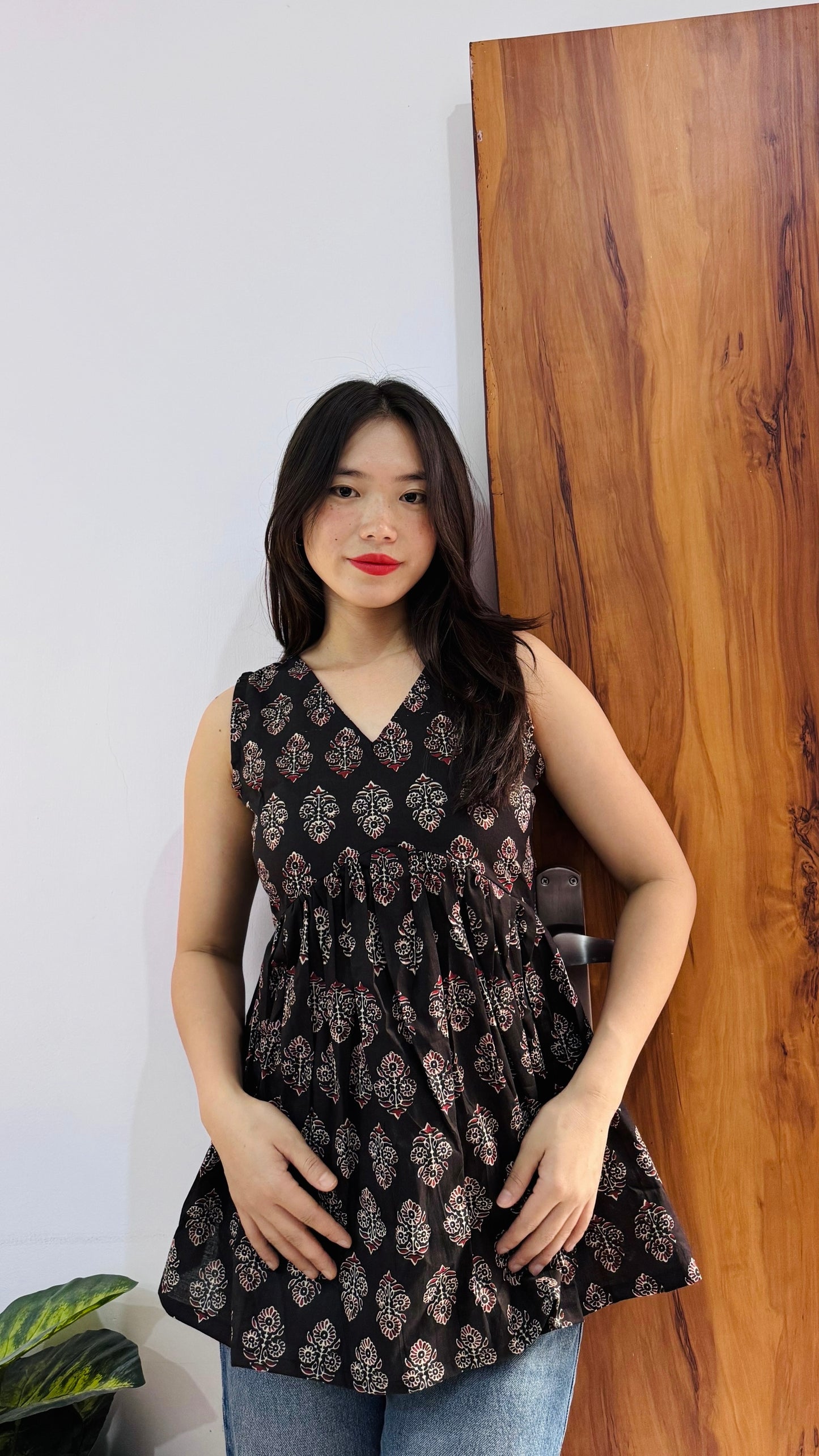 Cotton Flared Sleeveless Black Aliacut Ajrakh Print Peplum Top
