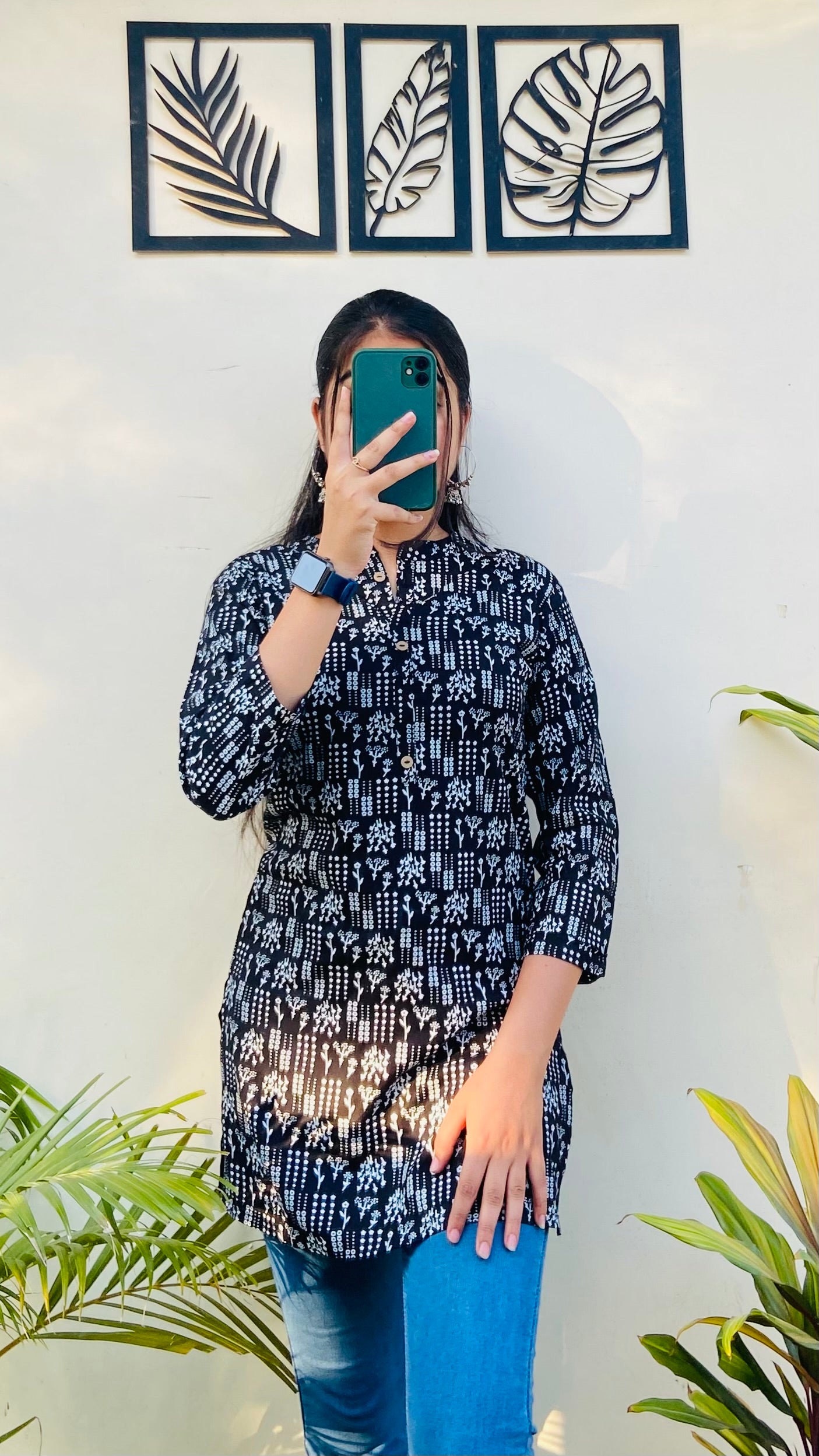 Black Rayon Printed Short Kurti