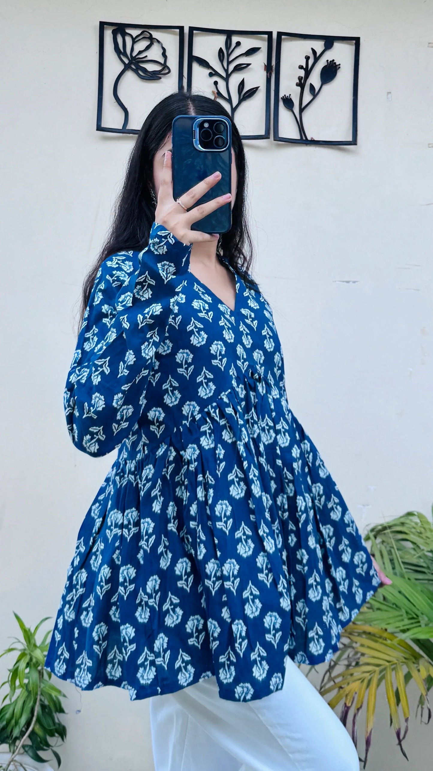 Cotton Blue Flared Printed Aliacut Peplum Top - Dolled Up