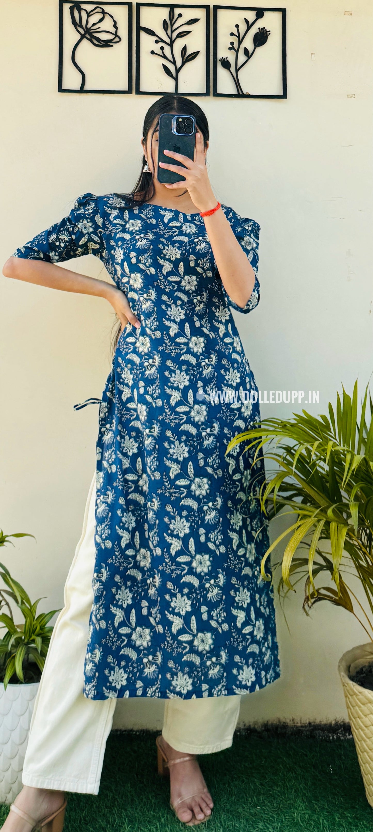 Cotton Printed Blue Puff Sleeve Straight Kurta