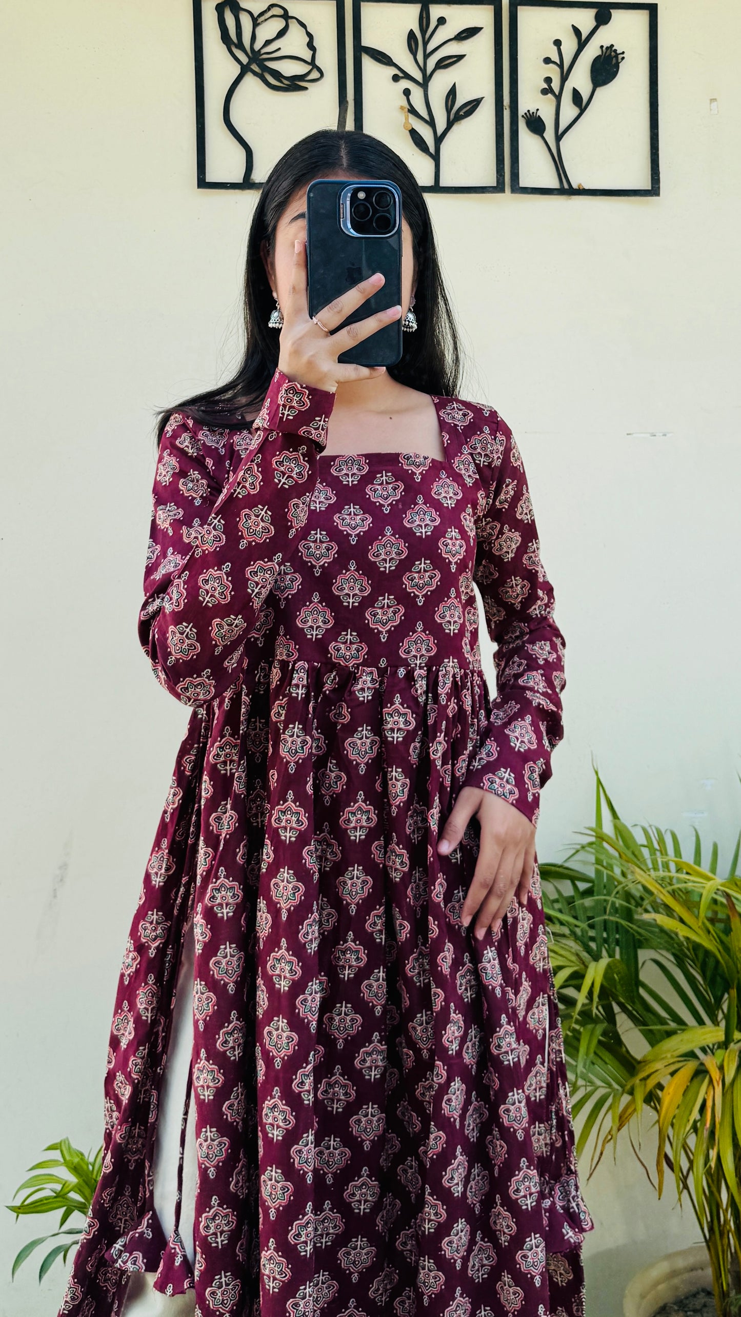 Cotton Full Sleeve Maroon Nyra Cut Long Kurti