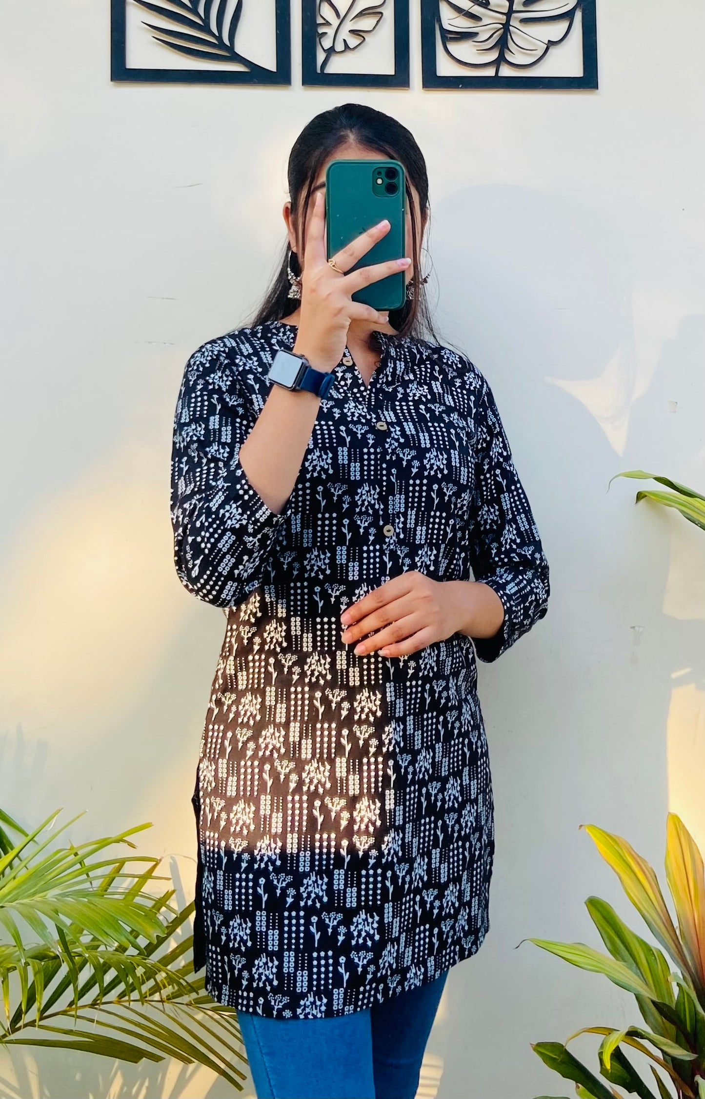 Black Rayon Printed Short Kurti