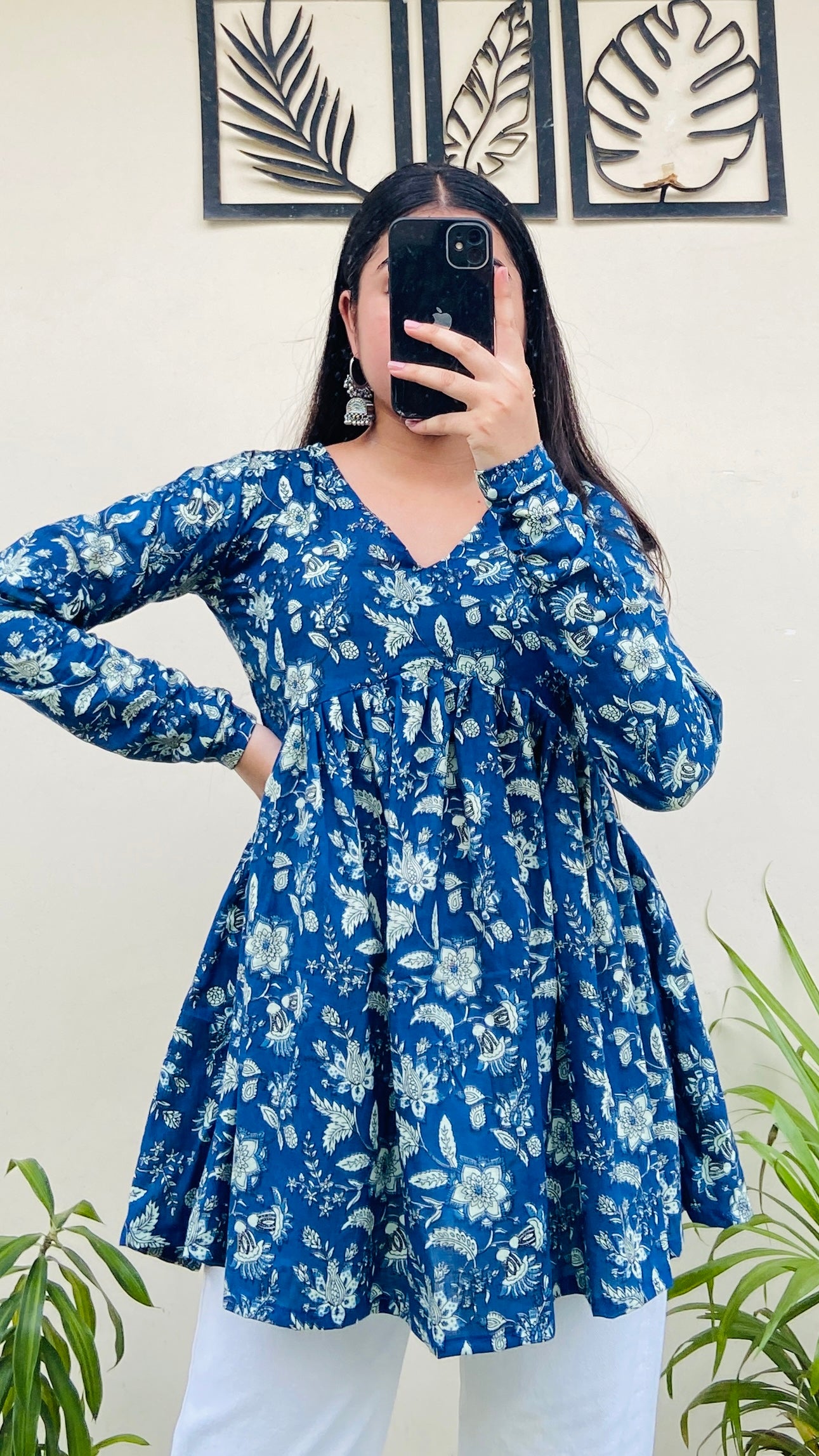 Cotton Flared Royal Blue Aliacut Floral Print Peplum Top