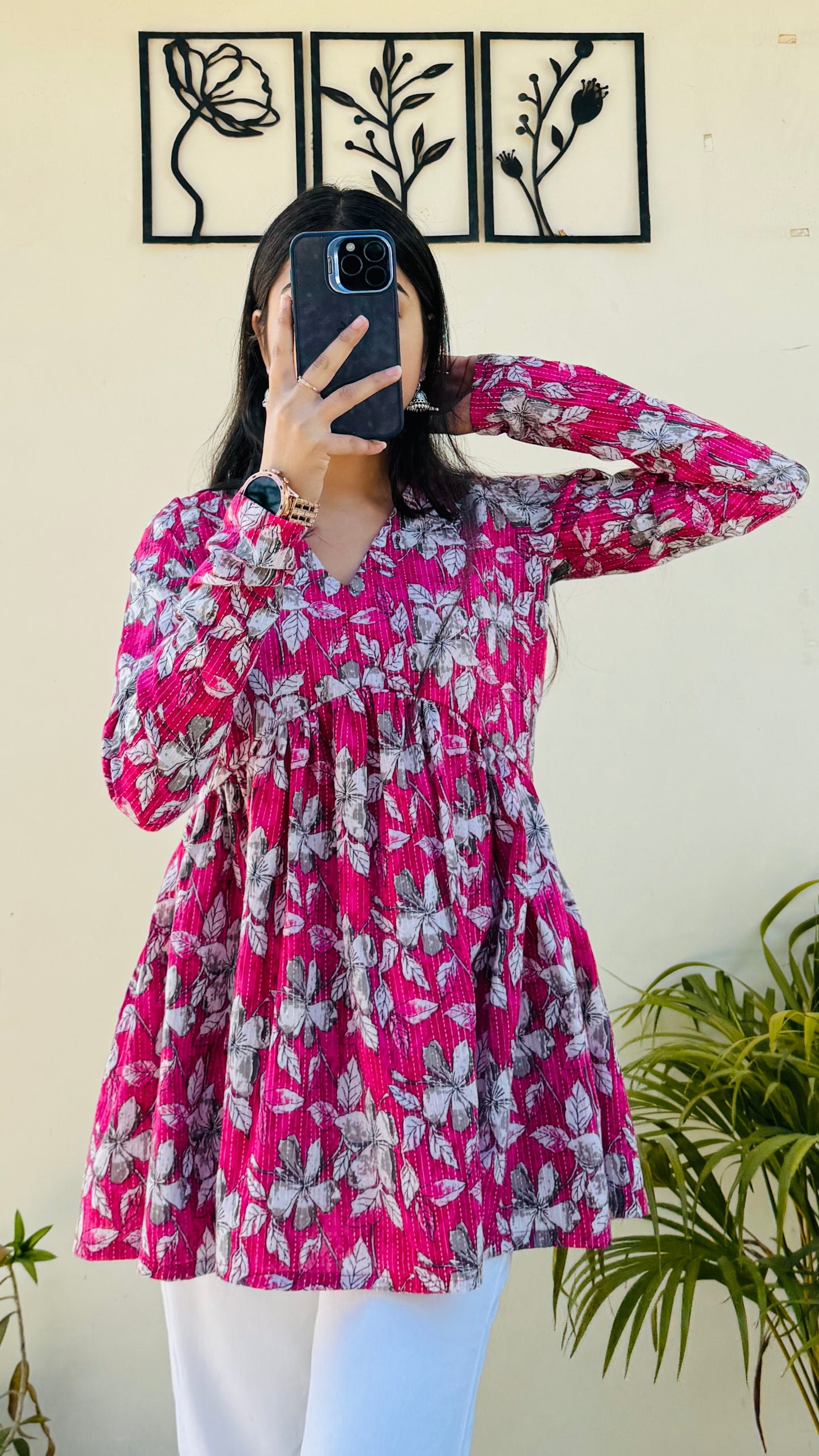 Cotton Flared Pink Katha Floral Print Aliacut Peplum Top