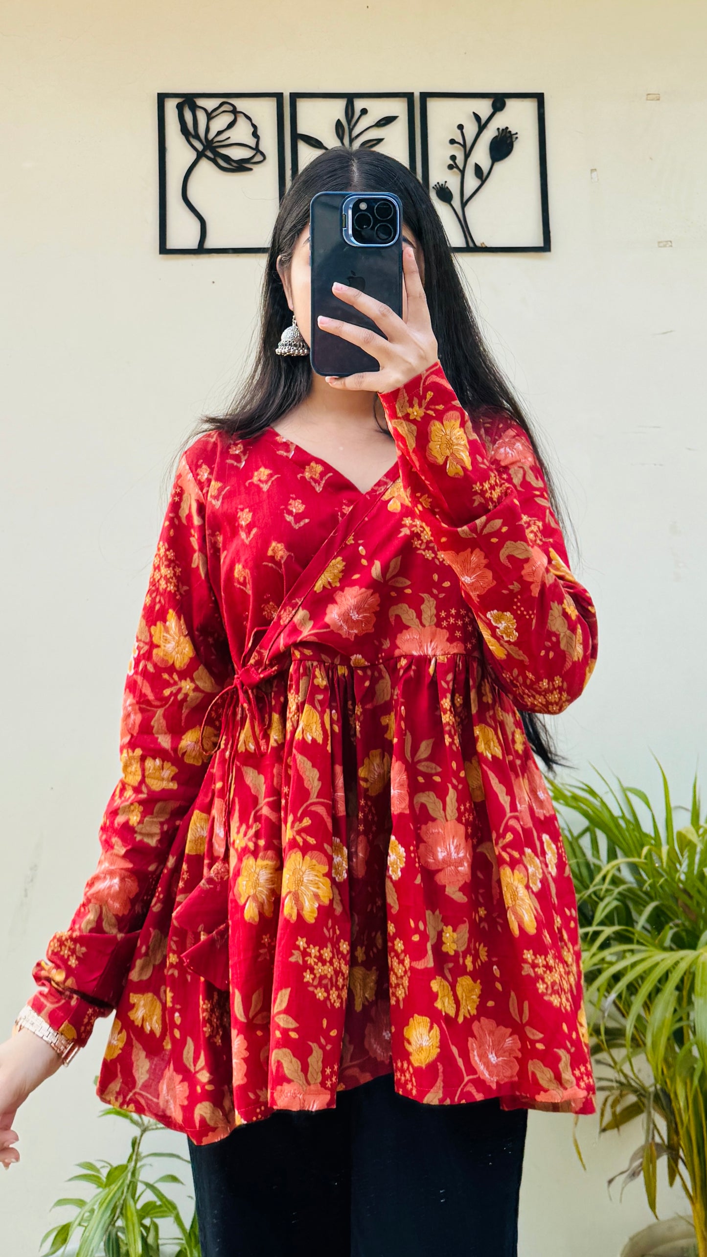 Cotton Red Angrakha Pattern Flared Floral Print Aliacut Peplum Top